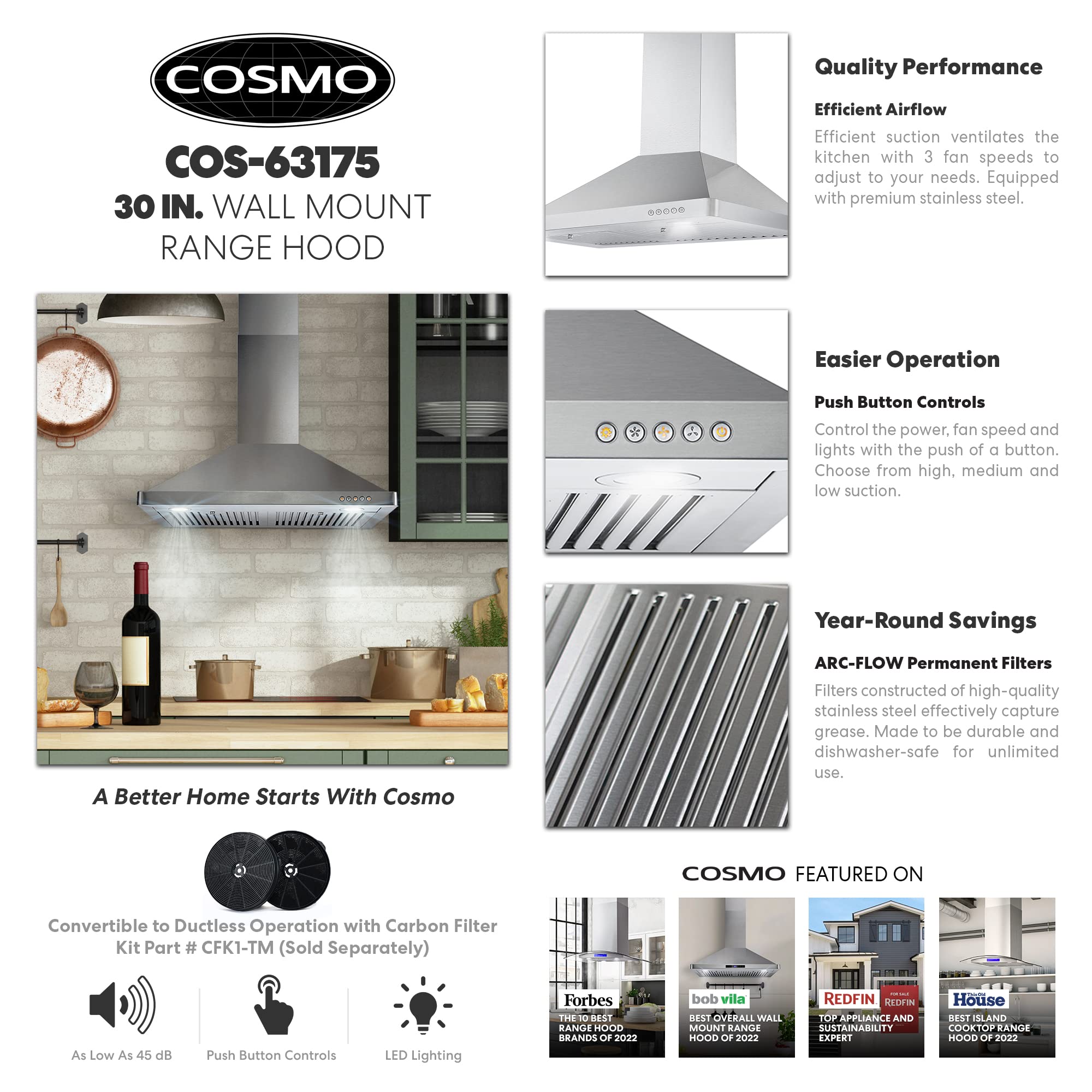 COSMO COS-63175 30-inch Stainless Steel Wall Mount Range Hood - 380 CFM Ducted Ventilation, Button Controls & LED Lights for Kitchen - Perfect for Modern Homes, Apartments, and Restaurants
