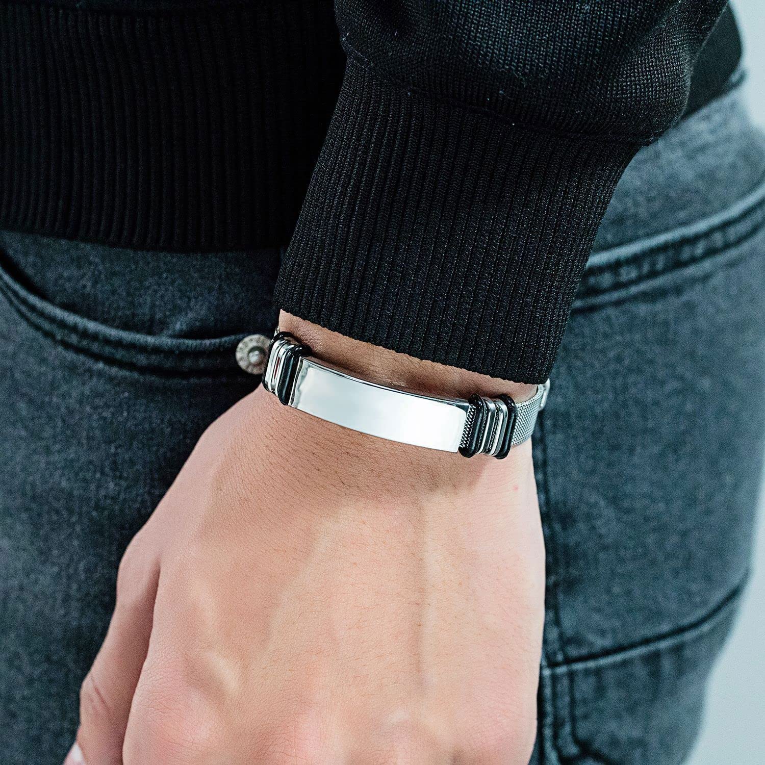 Custom Stainless Steel Couple Bracelets Set - His & Hers Matching Nameplate ID Bracelets with Mesh Band, Personalized Romantic Gift for Boyfriend Girlfriend Anniversary Valentine's Day - Perfect for Date Nights, Weddings and Couple Photos