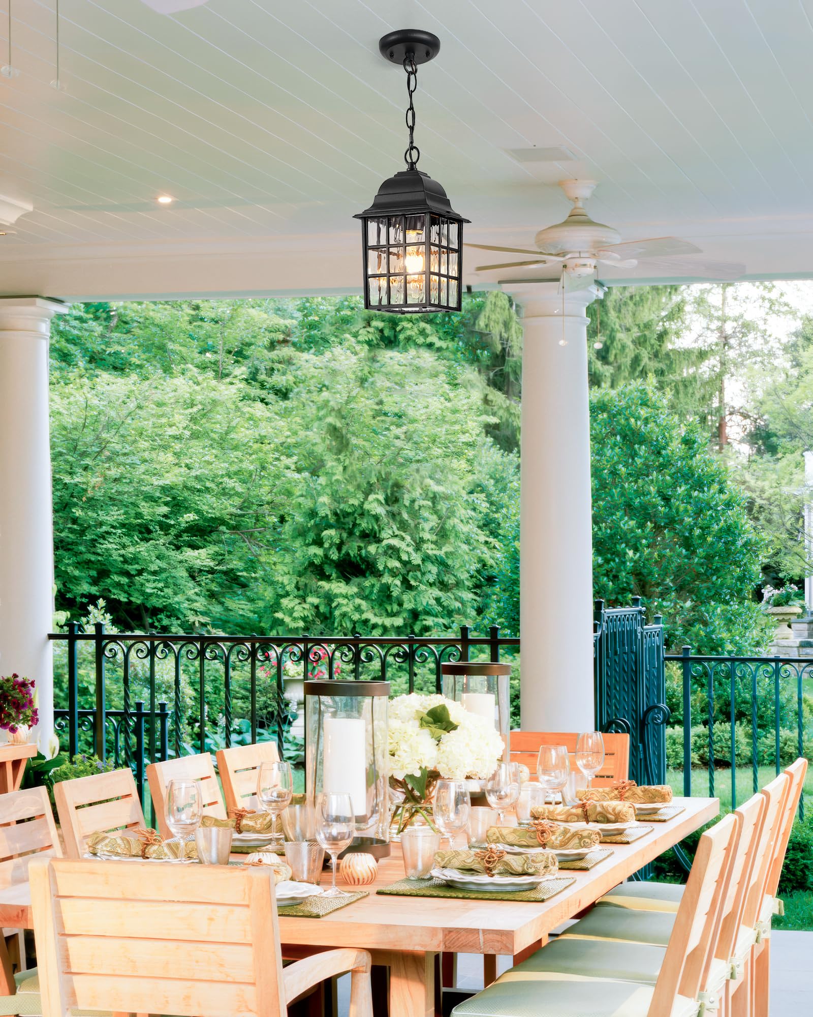 VIANIS Black Outdoor Pendant Lights - Rust-Resistant Aluminum Farmhouse Lantern for Porch, Garage, Entryway & Gazebo - Durable Tempered Ripple Glass Chandelier (Perfect for Patio, Deck, and Outdoor Dining Areas)