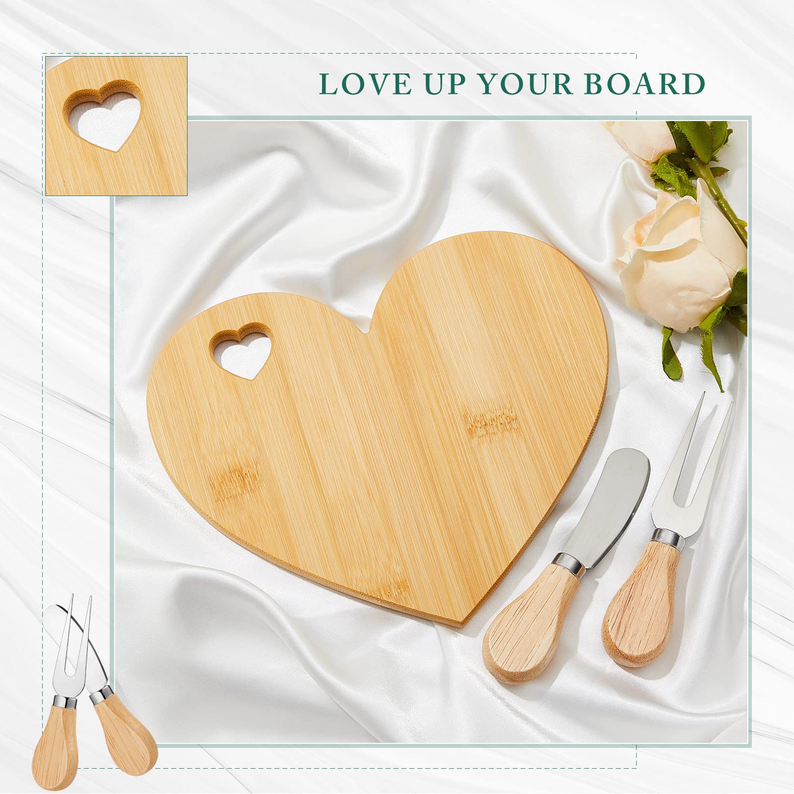 12-Piece Heart-Shaped Cheese Board Set with Wooden Knives - Mini Charcuterie Board for Bridal Shower Favors, Wedding Gifts, Baby Showers, Birthday & Valentine's Day - Bamboo Color - Perfect for Entertaining Guests at Parties & Special Events
