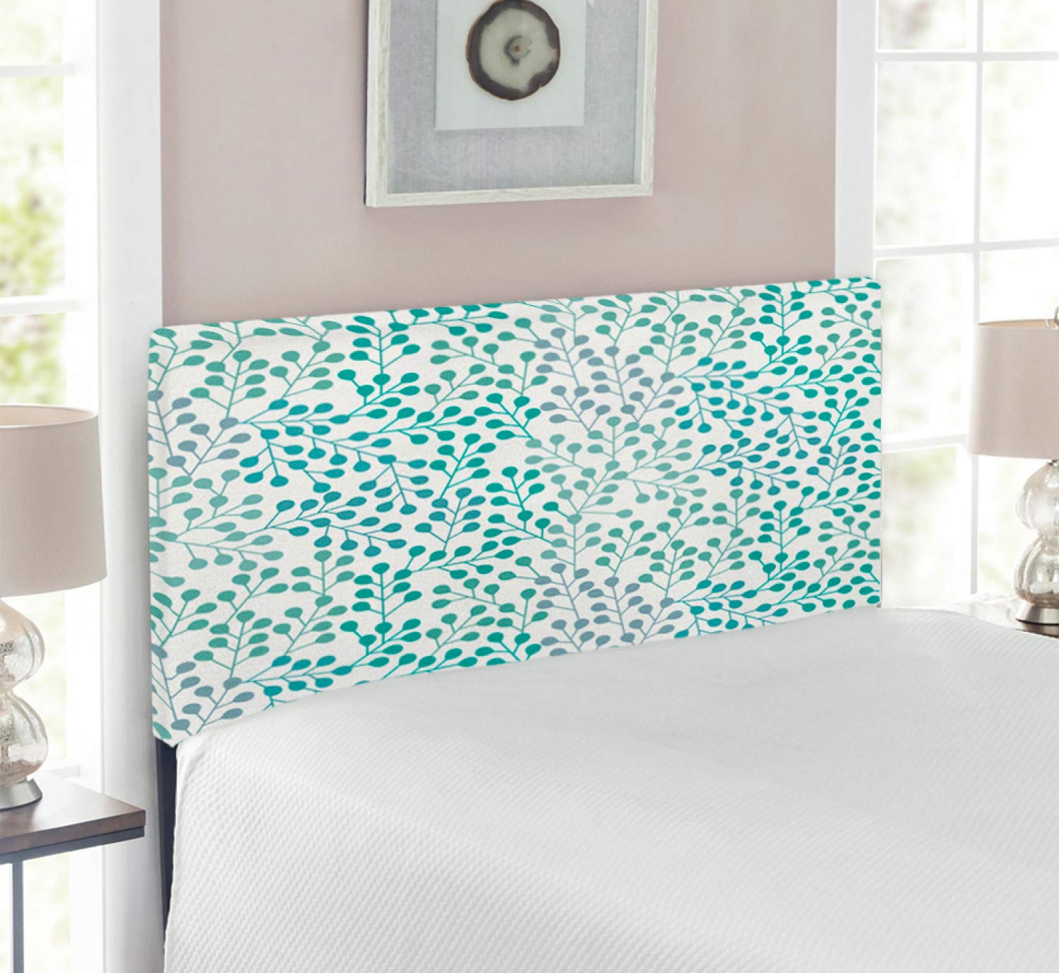 Ambesonne Romantic Minimalist Upholstered Headboard - Twin Size Teal Slate Blue with Memory Foam | Branch Artwork Metal Bed Headboard for Master Bedroom & Guest Room Decor