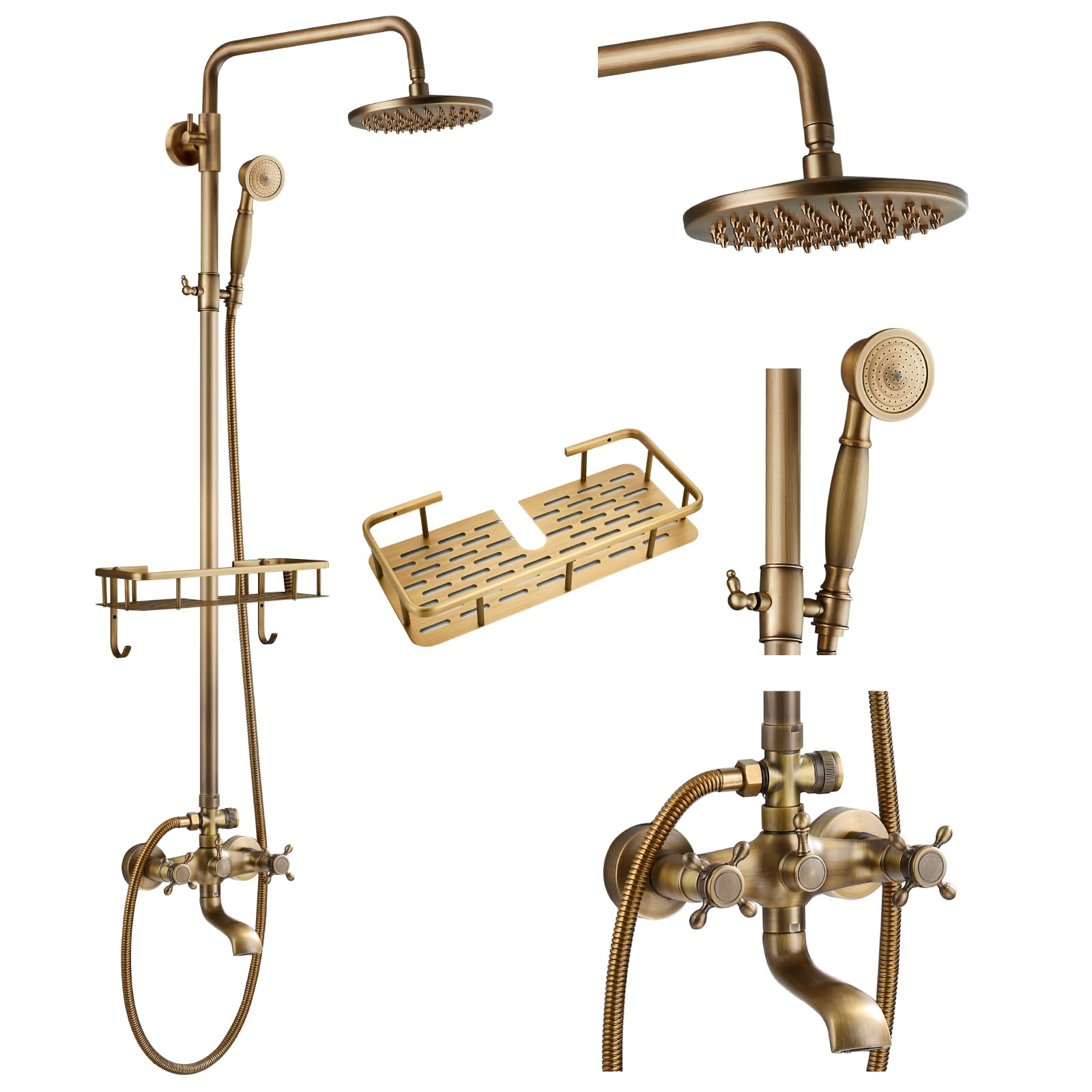 Gotonovo 8 Inch Wall Mounted Outdoor Shower System - Exposed Bathroom Faucet with Adjustable Handheld Sprayer, Shower Head, Tub Spout & Double Cross Handles in Antique Brass - Perfect for Patio, Poolside, Garden & Luxury Bathroom Renovations