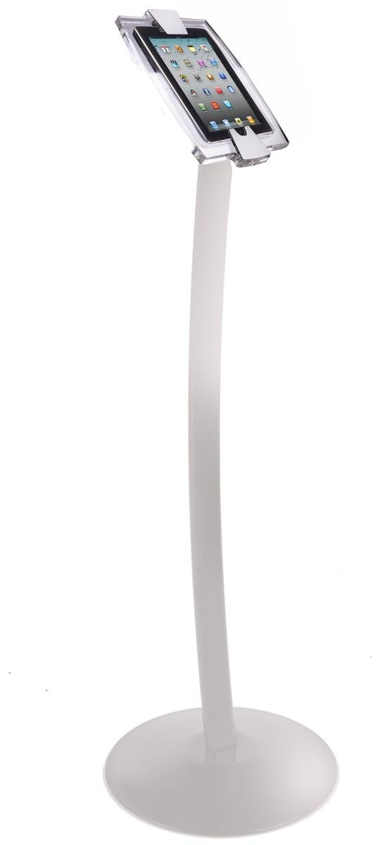 Displays2go Rotating & Tilting Acrylic iPad Mini Tablet Floor Stand with Steel White Base - Perfect for Retail Stores, Trade Shows & Interactive Kiosks