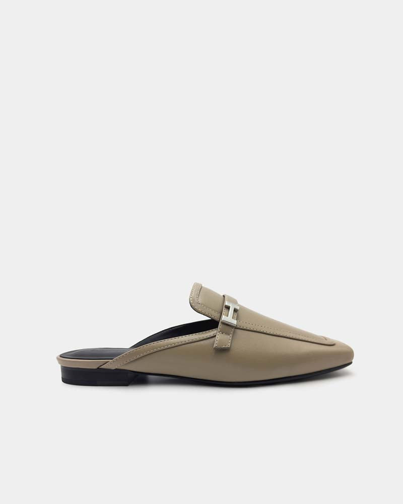 Khaki Leather Flat Loafer Mules for Women - Comfortable Slip-On Shoes for Casual Outfits, Office Wear & Everyday Use