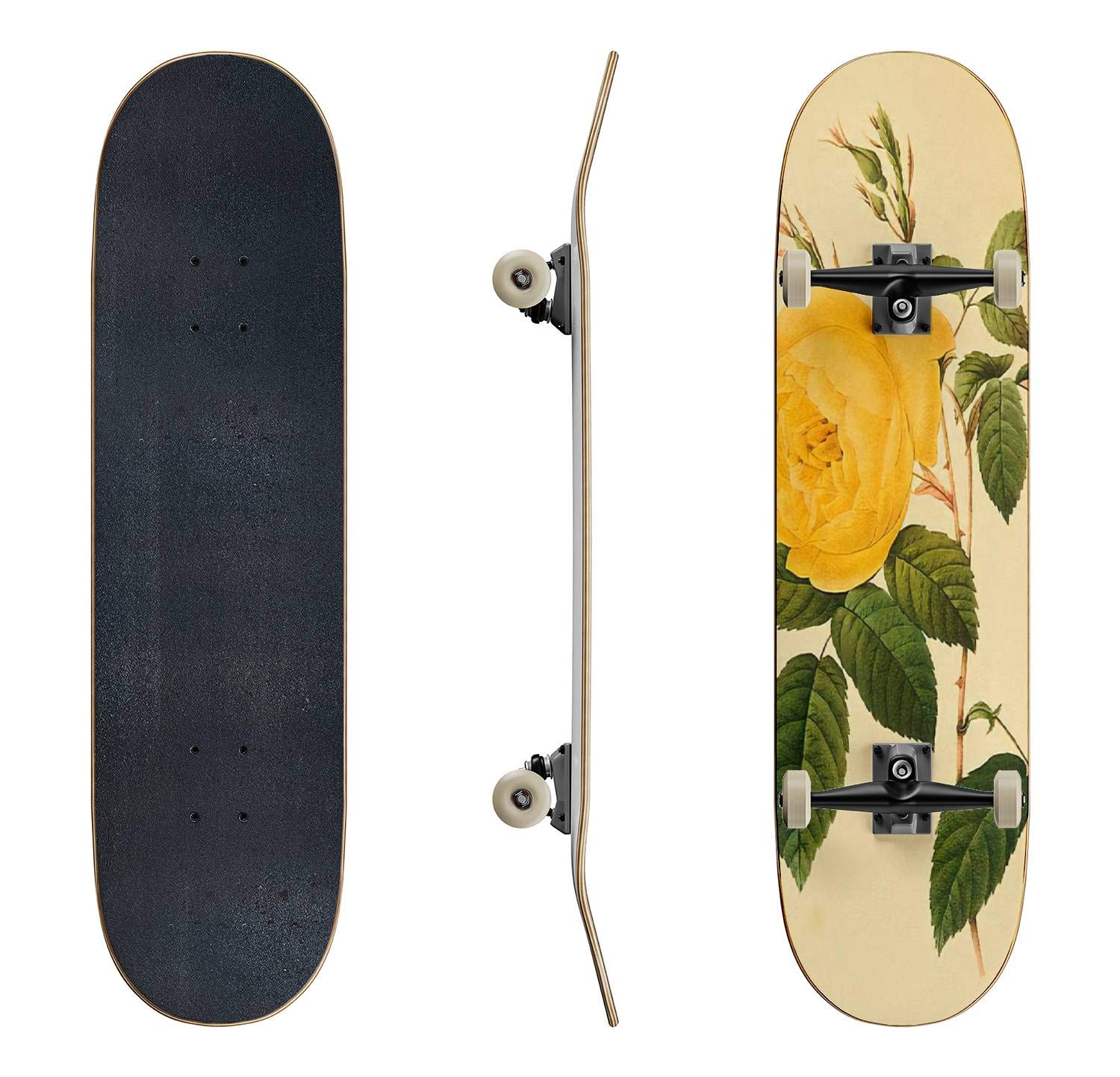 Yellow Tea Rose & Green Leaves Classic Concave Skateboard - Premium Longboard for Beginners & Pros | Extreme Sports, Teen Gifts, Cool Stuff | Perfect for Street Skating, Commuting & Skatepark Tricks