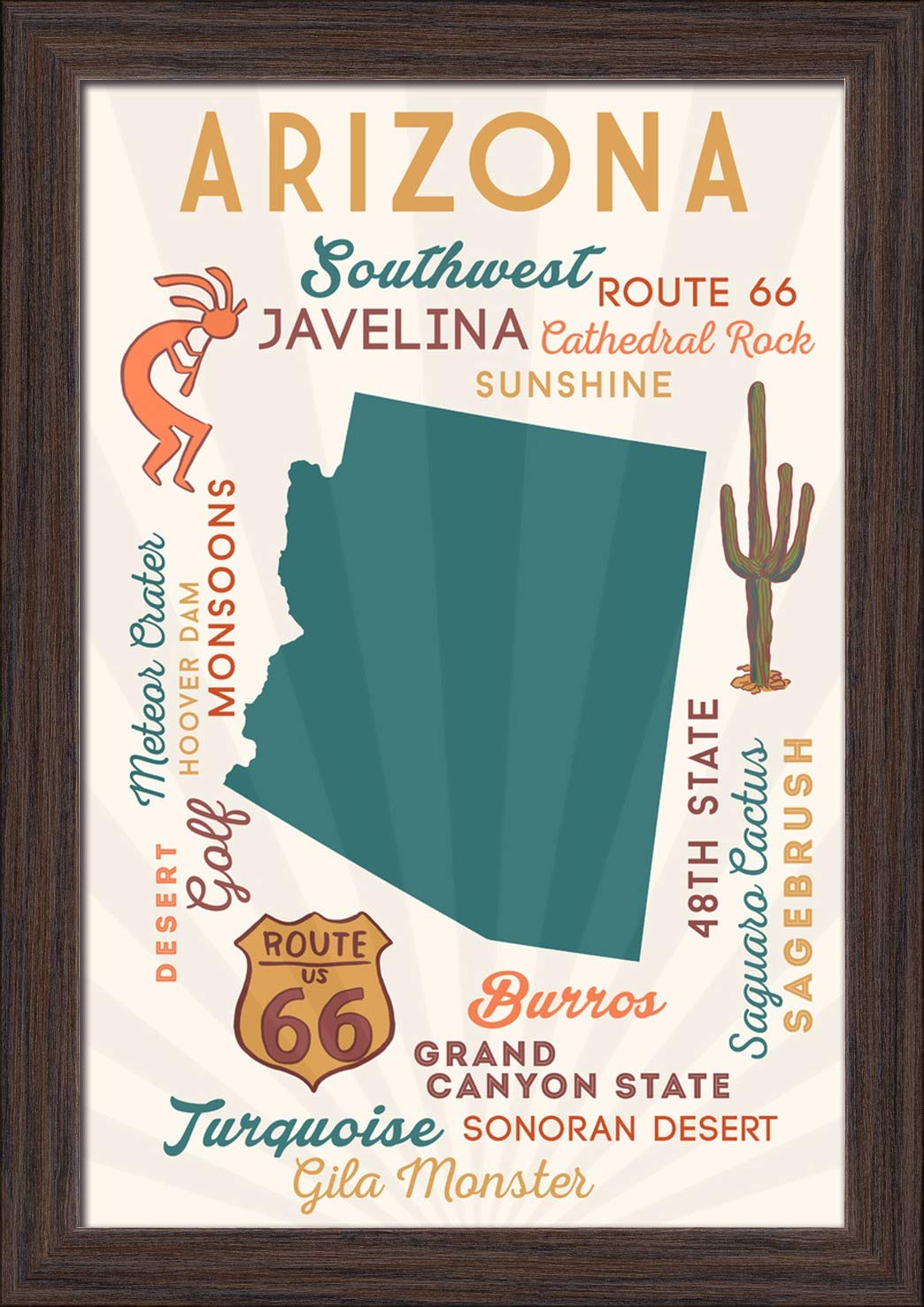 Arizona Typography & Icons Wall Art - 12x18 Inch Giclee Fine Art Print with Recycled Wood Frame in Espresso Brown - Perfect for Home, Office & Gallery Decor