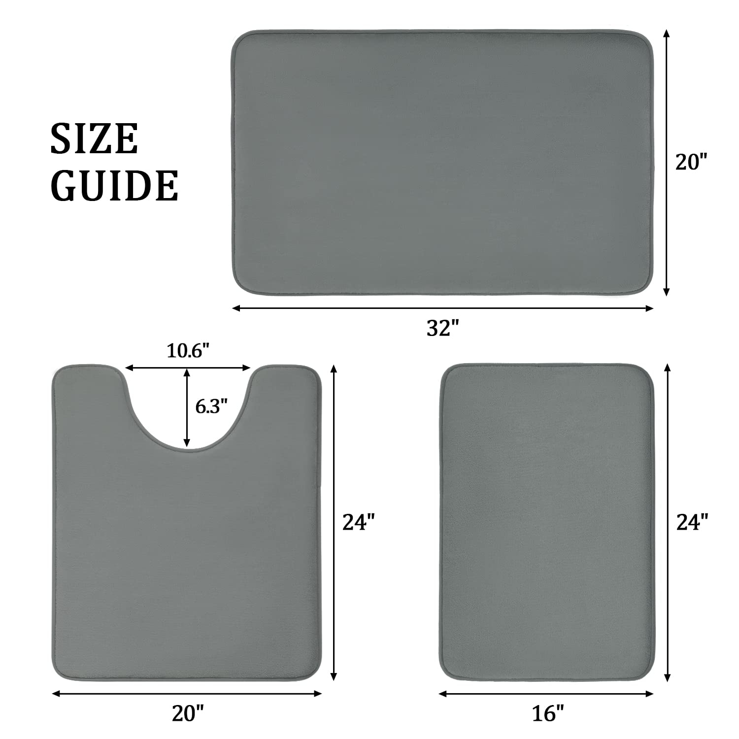 YIHOUSE 3-Piece Bathroom Rug Set - Non-Slip Memory Foam Mats for Shower, Tub & Sink - Dark Grey