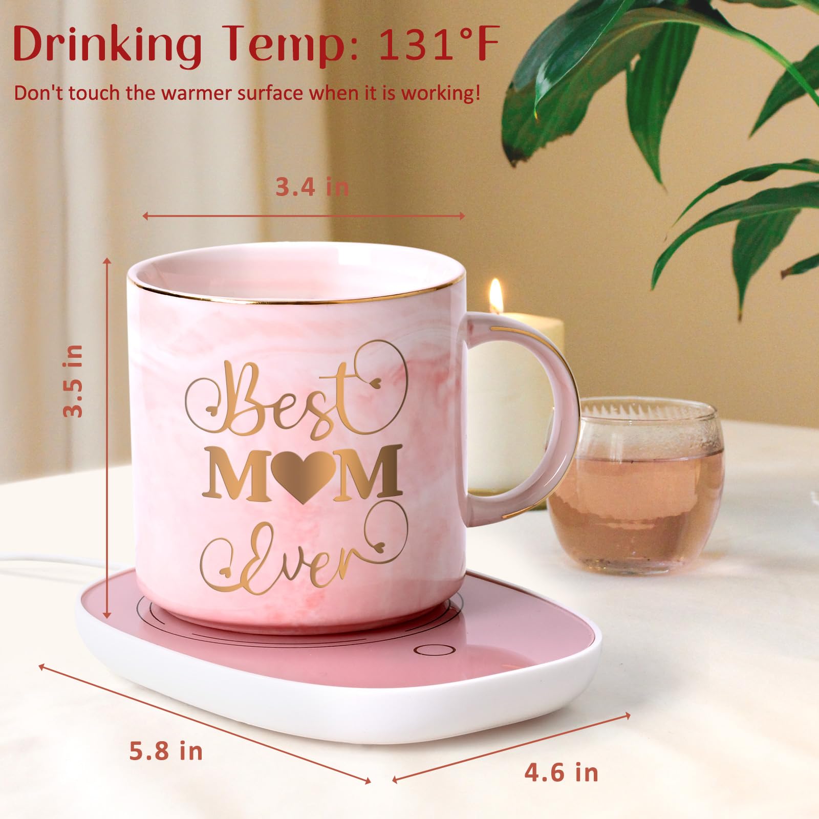 LiqCool Best Mom Ever Marbled Coffee Mug with Smart Warmer Coaster Set - 12 Oz, Gift Box, Spoon - Perfect for Birthday, Mother's Day, New Mom, Wife, Women - Ideal for Home, Office, or Relaxing Moments