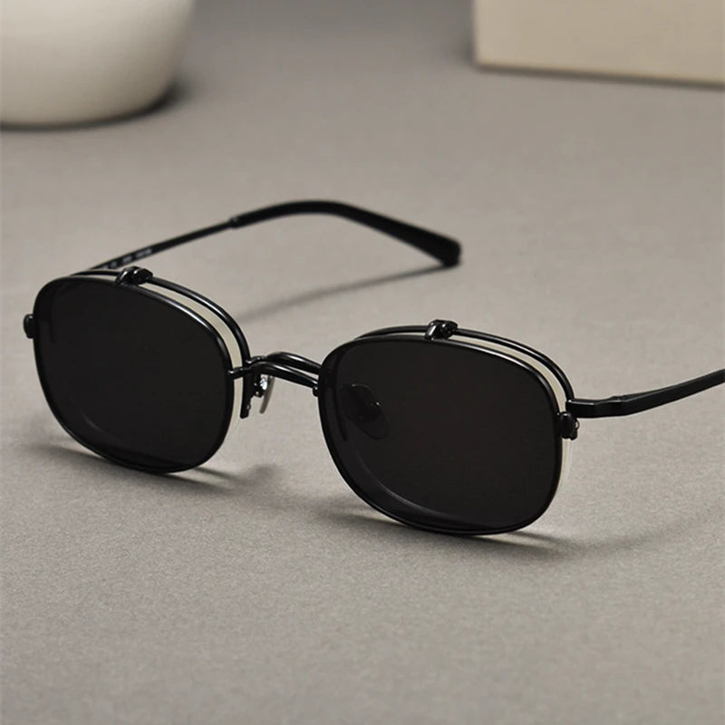 Unisex Black Semi-Rimless Rectangle Titanium Eyeglasses with Clip-On Sunglasses K15 - Stylish & Lightweight for Work, Driving, and Outdoor Activities