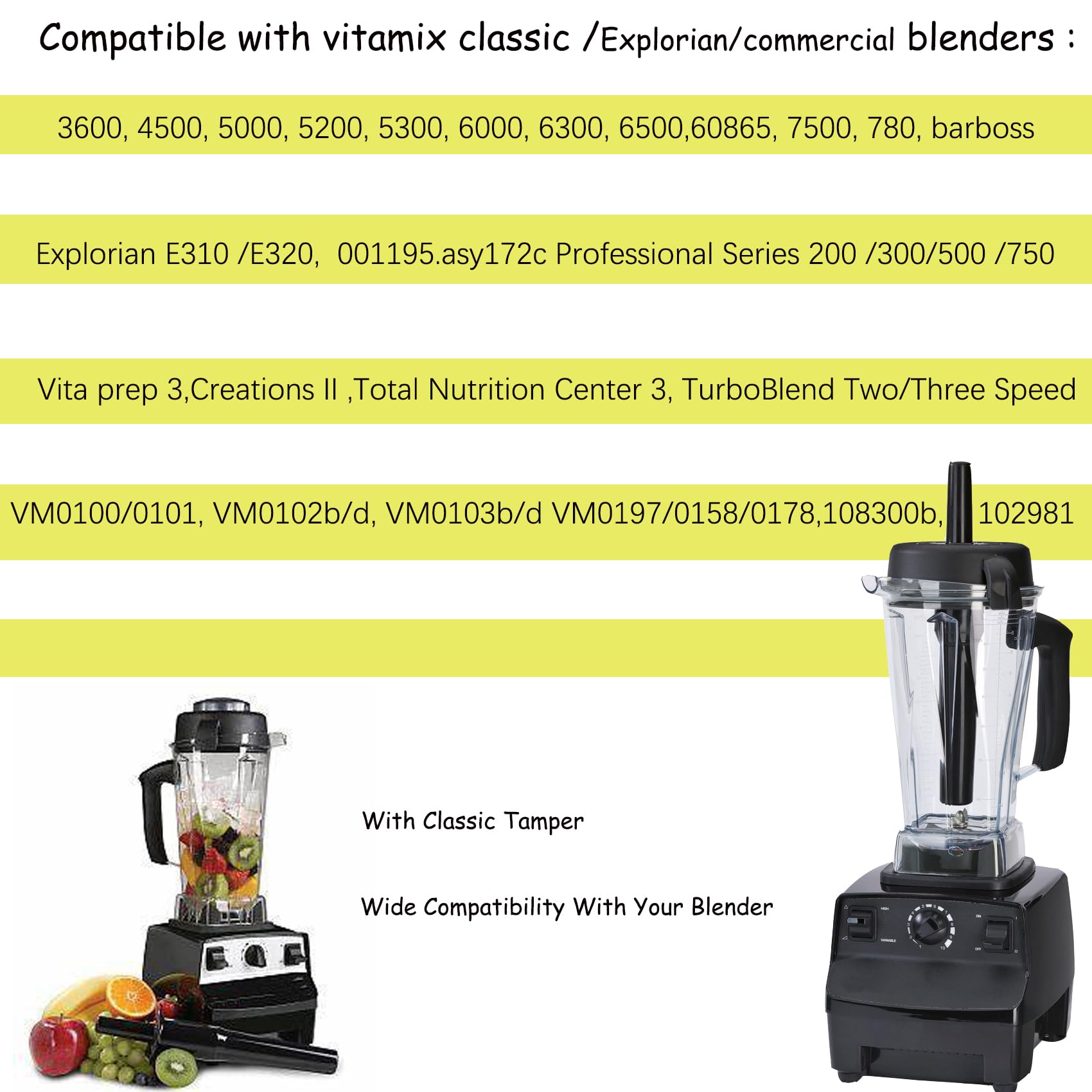 Vitamix Blender Pitcher 64oz Replacement - Compatible with 5200, 5000, 7500, Pro500, Vita-Prep, Explorian & Commercial Series (VM0101, VM0102, VM0103, VM0197, E310, E320) - Includes Classic Tamper - 3 Year Warranty - Perfect for Smoothies, Soups & Nut Butters