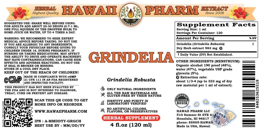 Hawaii Pharm Grindelia Robusta Liquid Extract - 100% Natural Dried Herb Tincture Supplement (4x4 oz) for Respiratory Support & Immune Health | Herbal Remedy for Cough, Bronchitis & Allergies