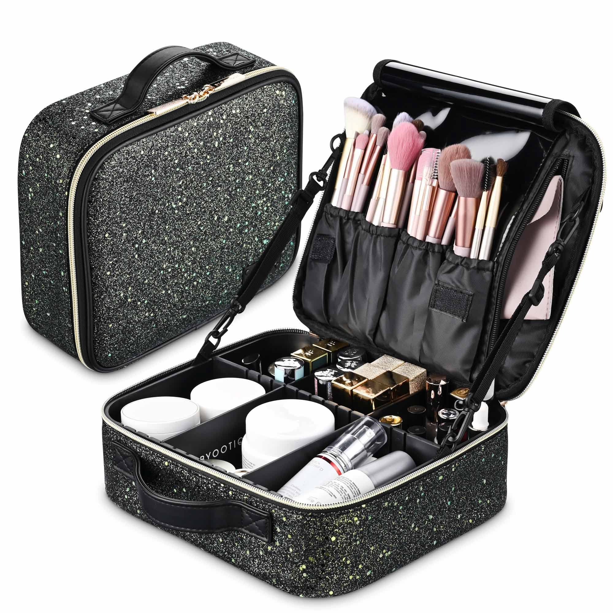 BYOOTIQUE Professional Travel Makeup Train Case with Adjustable Dividers - Sequin Cosmetic Organizer for Lipstick, Makeup Brushes & Toiletries - Glitter Black Makeup Bag for Travel, Home & Salon Use