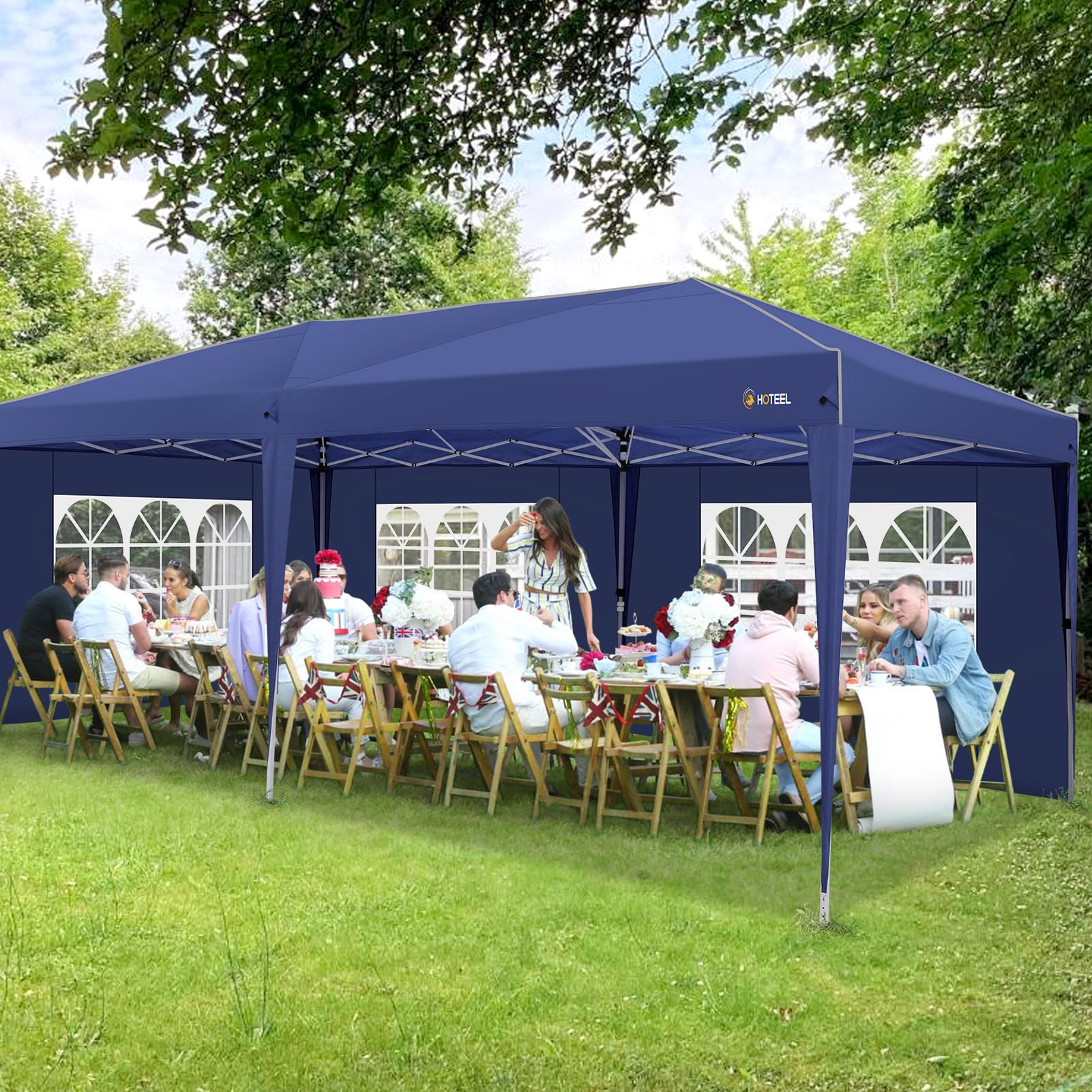HOTEEL 10x20 Pop Up Canopy Tent with Sidewalls - Waterproof Instant Shelter for Outdoor Events, Easy One-Push Setup with Reinforced Poles & Sandbags - Perfect for Backyard Parties, Camping, Farmers Markets, Festivals (Navy Blue)
