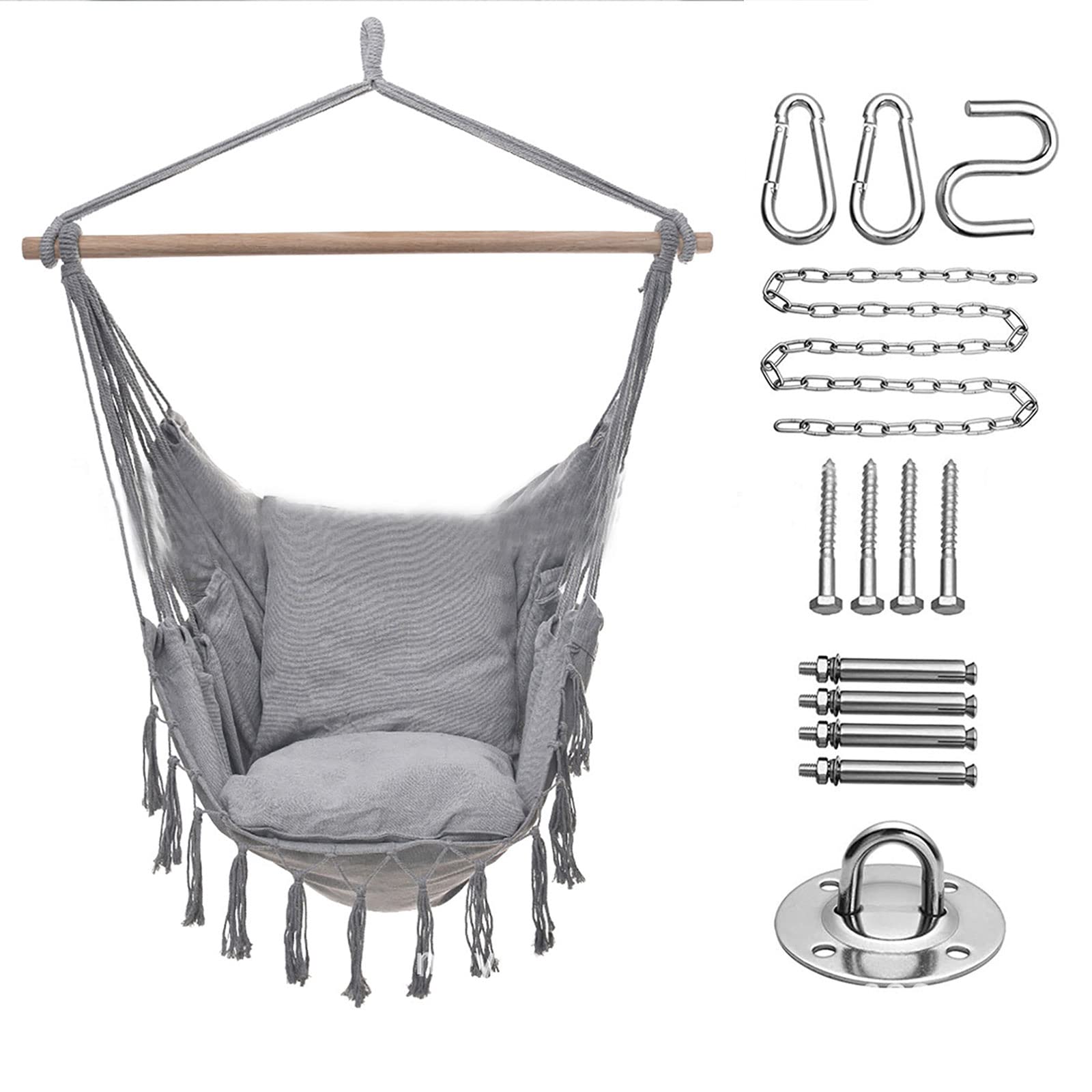 Comfortable Hammock Swing Chair with 2 Soft Cushions & Sturdy Wooden Support Bar - Indoor/Outdoor Hanging Rope Chair for Porch, Patio, Garden, or Bedroom - Includes Hook, Wooden Bar & Carry Bag (Light Gray)