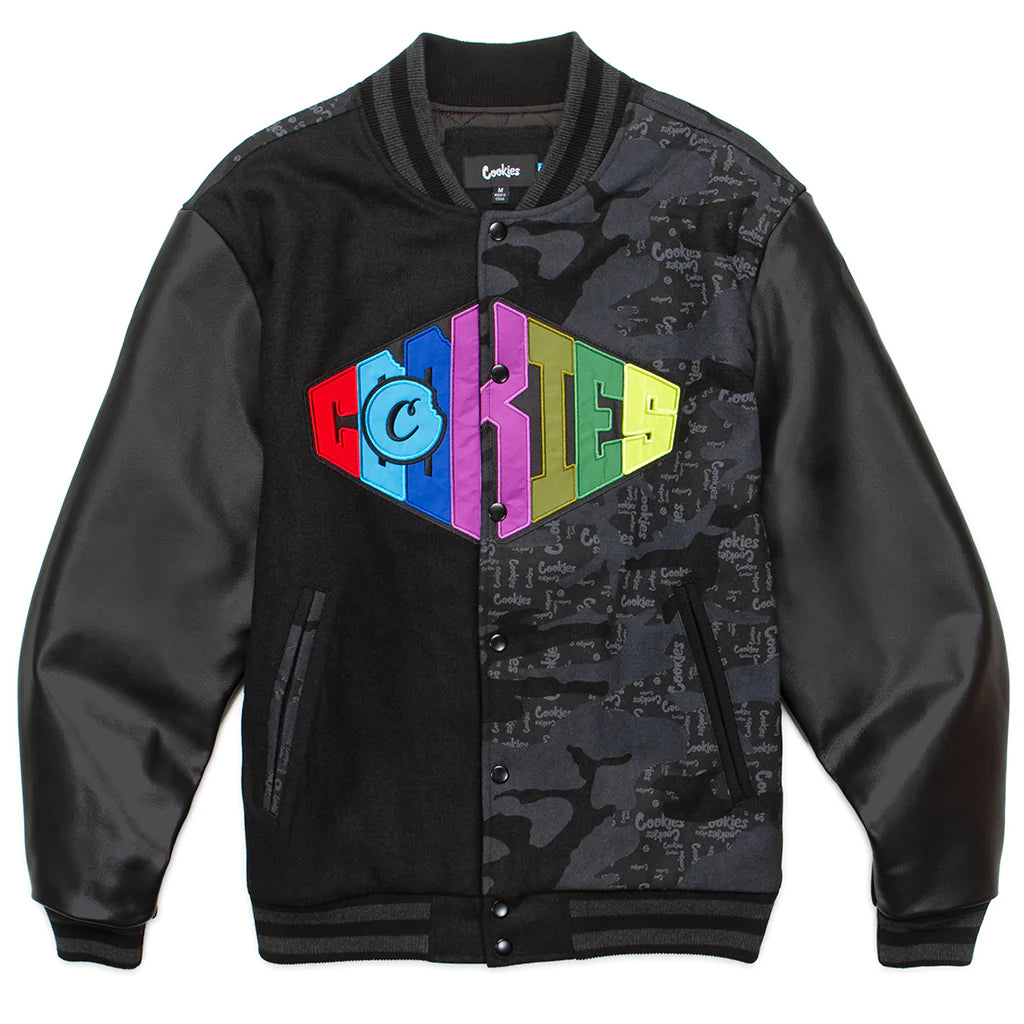 Black Letterman Jacket with Cookies Across the Board Design - Vintage Style Varsity Coat for High School, College & Casual Outfits