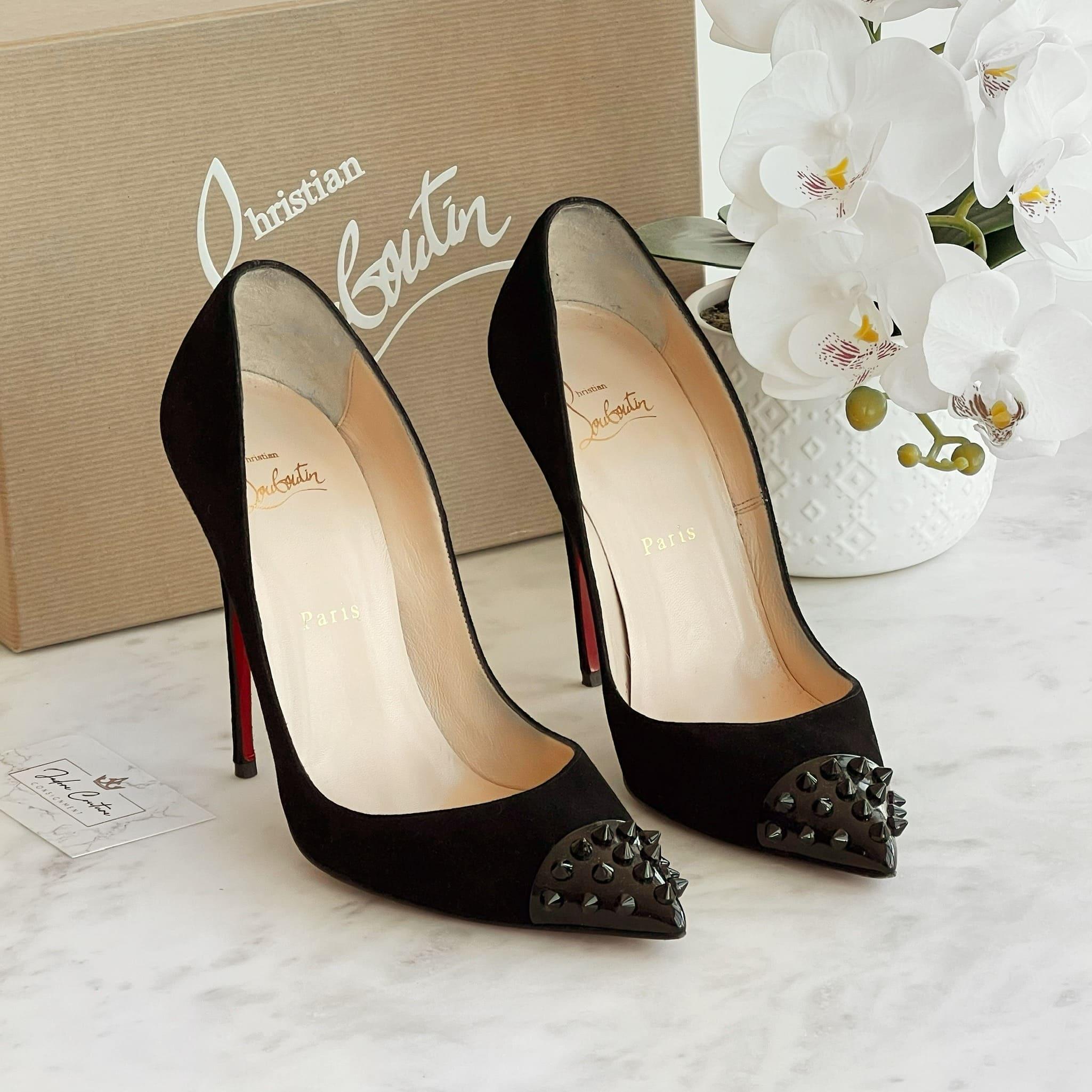 Christian Louboutin Black Suede GEO Spike Pumps Women's High Heels Size 38 - Perfect for Evening Parties, Weddings & Special Occasions