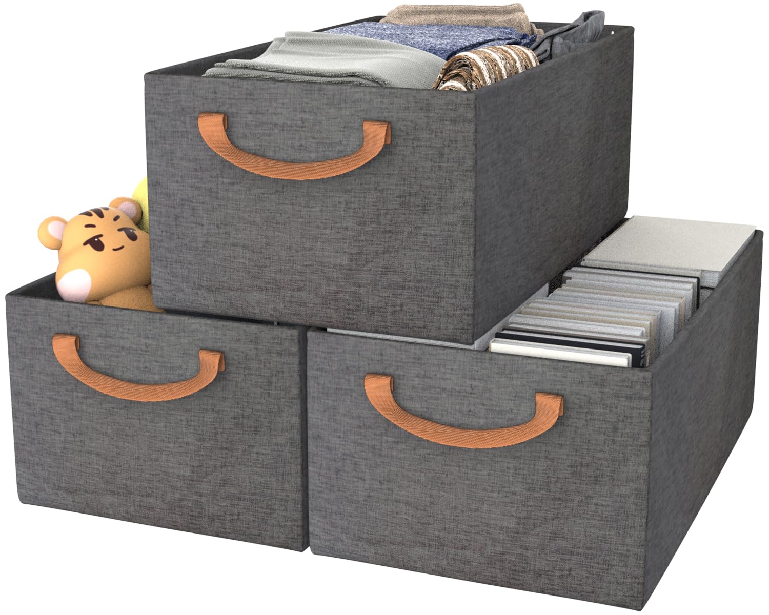 Collapsible Metal Frame Storage Bins - 3 Pcs, Grey for Closet & Wardrobe Organization