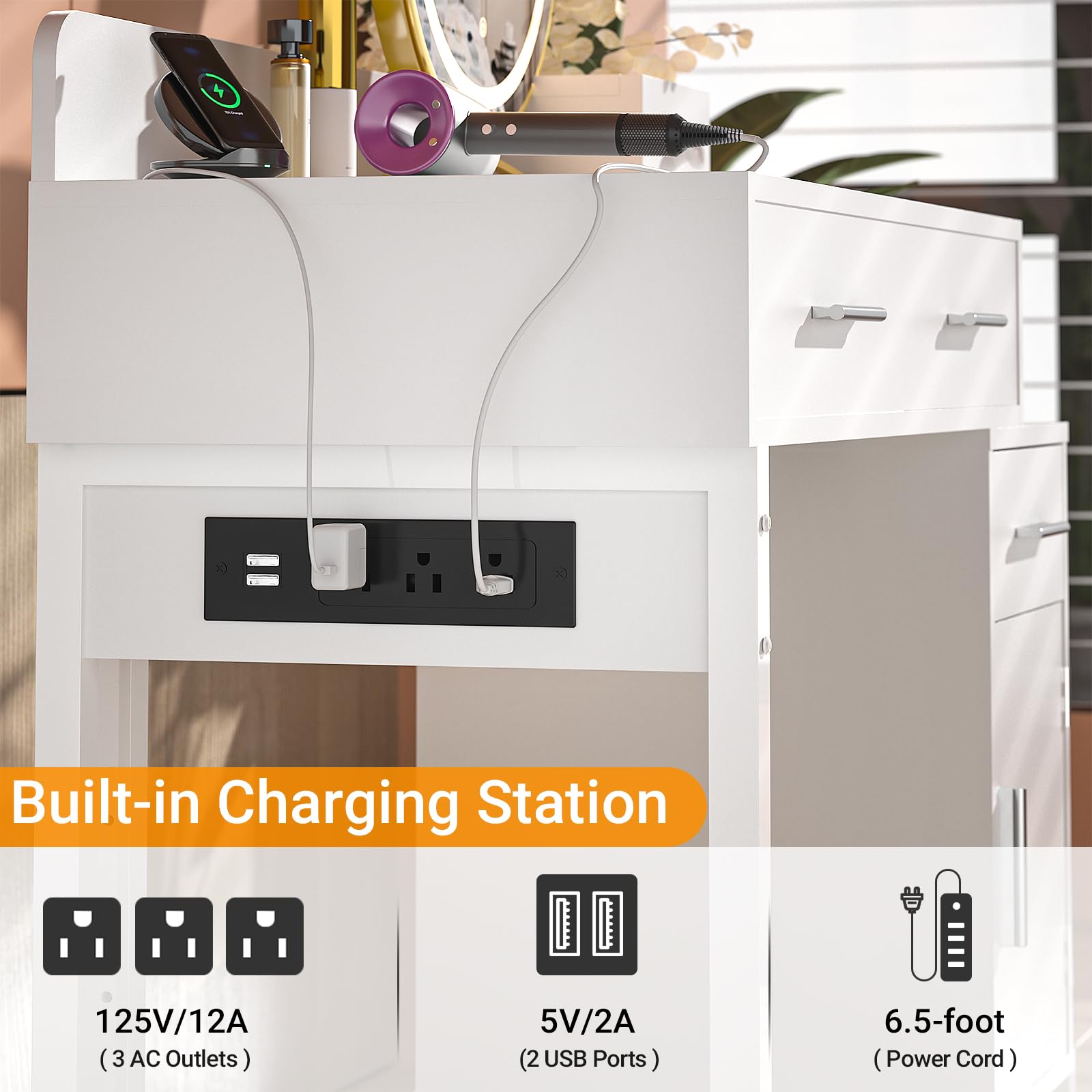 Modern White Vanity Desk with 4 Storage Drawers & Charging Station - Reversible Cabinet Dressing Table Set with Divided Organizers for Women & Girls - Perfect for Bedroom Makeup, Skincare Routine and Home Office Workspace