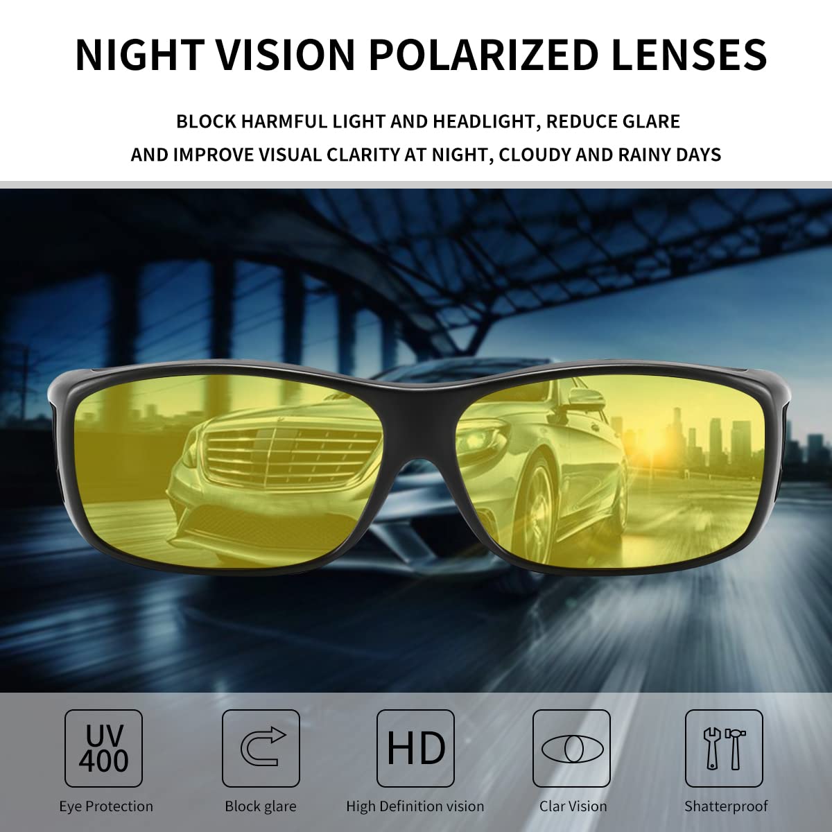 Anti-Glare Polarized HD Night Vision Driving Glasses - Reduce Eye Strain & Improve Visibility for Safe Night Driving | Perfect for Commuting, Road Trips & Low-Light Conditions