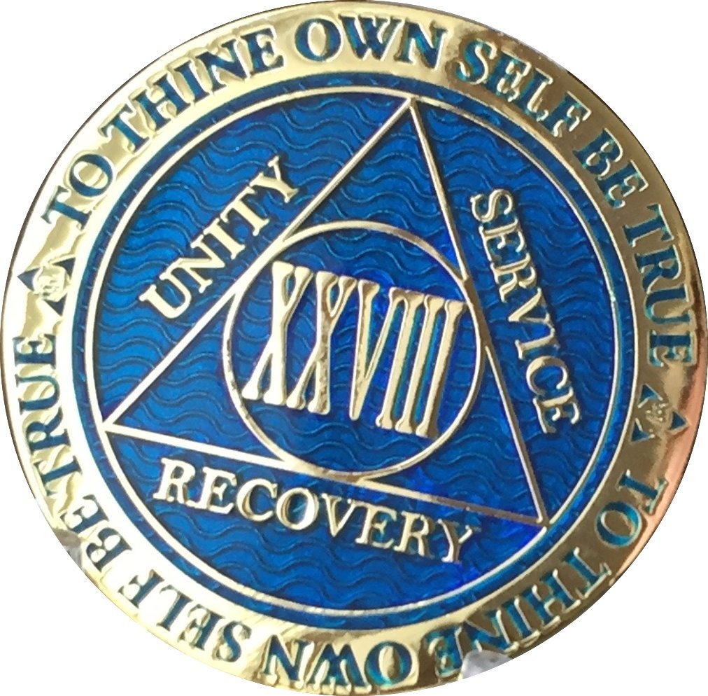 Recovery Chip 28 Year Anniversary AA Medallion - Gold Plated Reflex Blue Token for Alcoholics Anonymous, Sobriety Gifts & 12 Step Programs - Perfect for Milestone Celebrations, Meetings and Inspirational Keepsakes