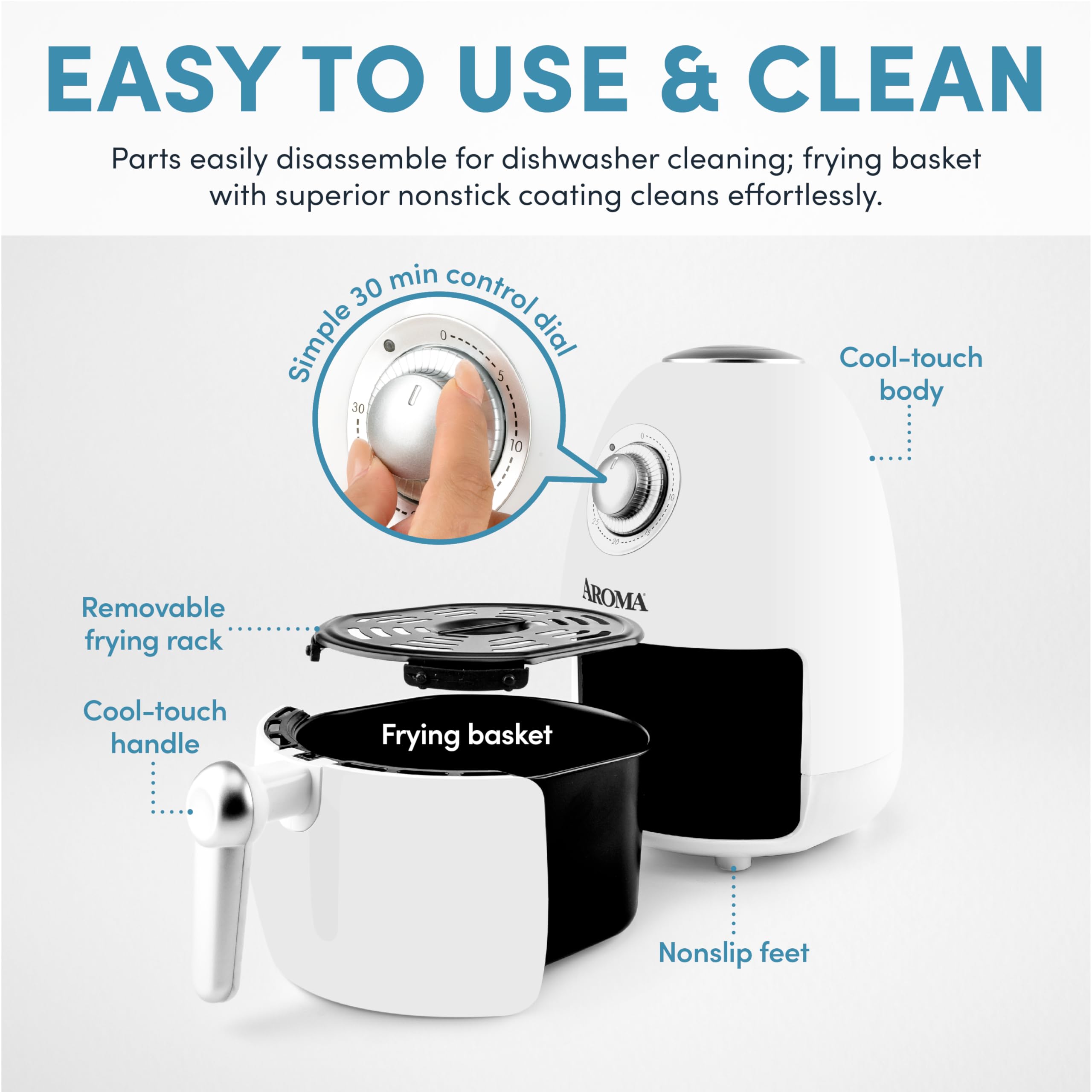 Aroma Housewares 2-Quart Air Fryer with Built-In Timer & Nonstick Cooking Pan - White (AAF-200) - Perfect for Small Kitchens, Dorms & Healthy Cooking