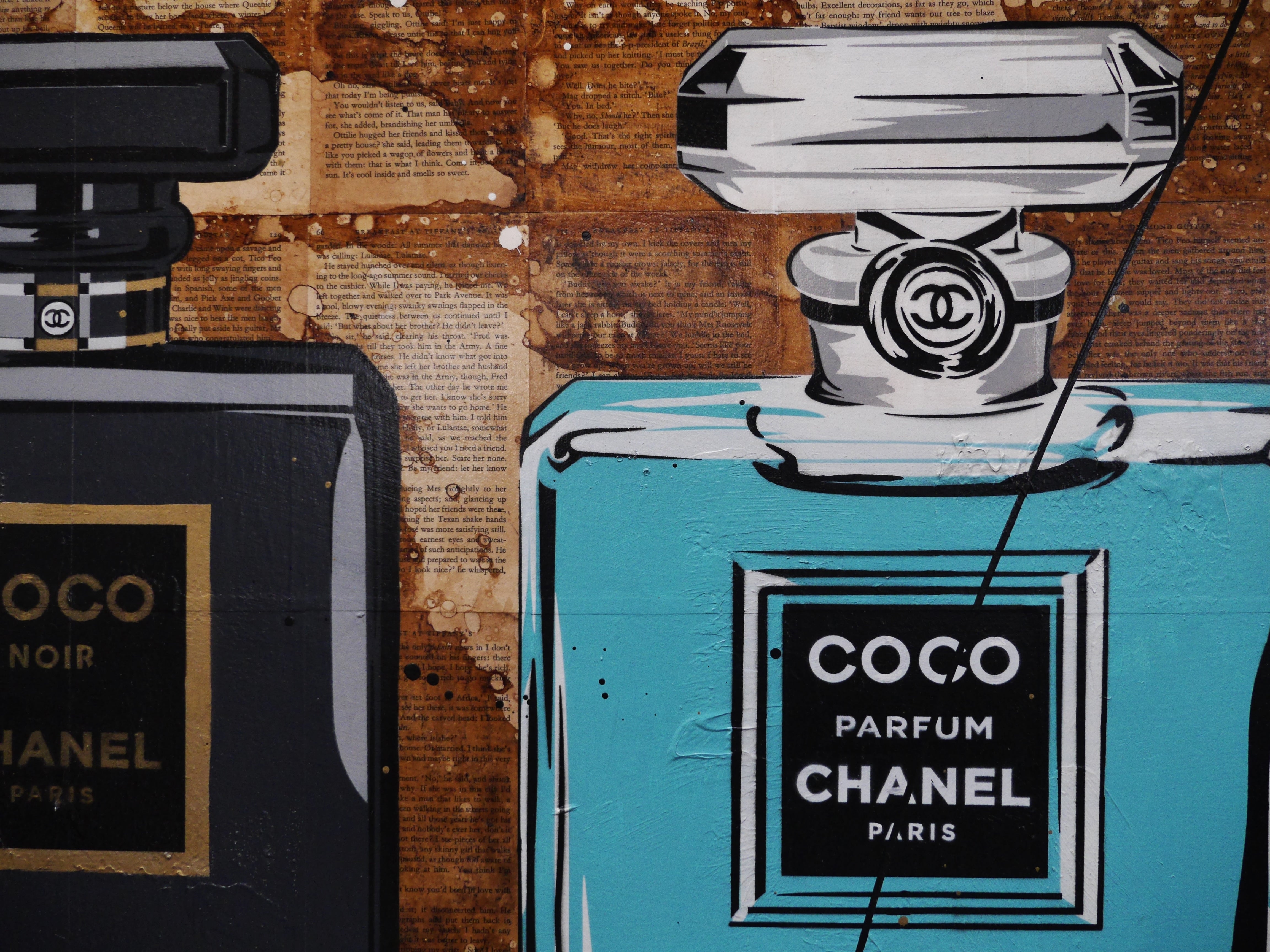 Chanel Perfume Bottles Urban Pop Art Painting - 63x24 Inch Large Canvas Wall Decor for Living Room, Bedroom & Office - Perfect Gift for Book Club Members & Perfume Lovers