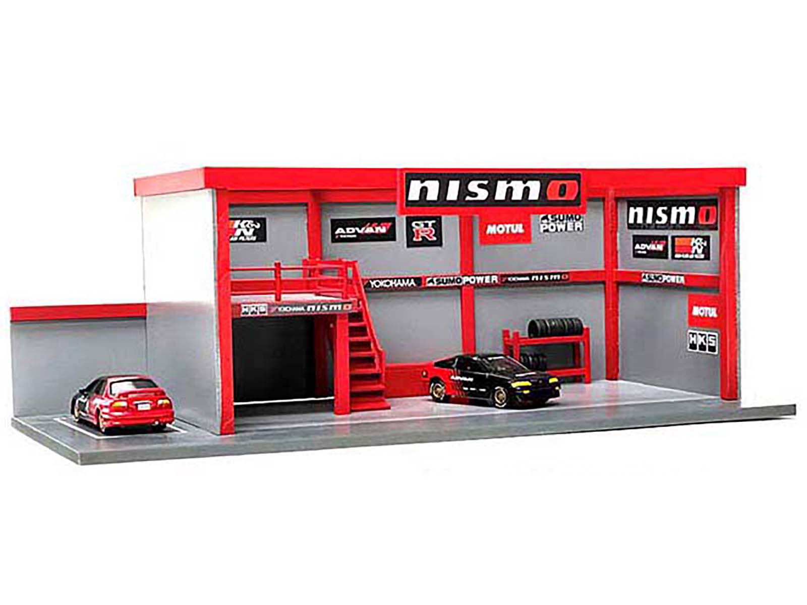 1/64 Scale Garage Diorama with Advan Decals - American Diorama Model Car Display for Collectors & Hobbyists - Perfect for Showcase, Photography & Racing Scenes
