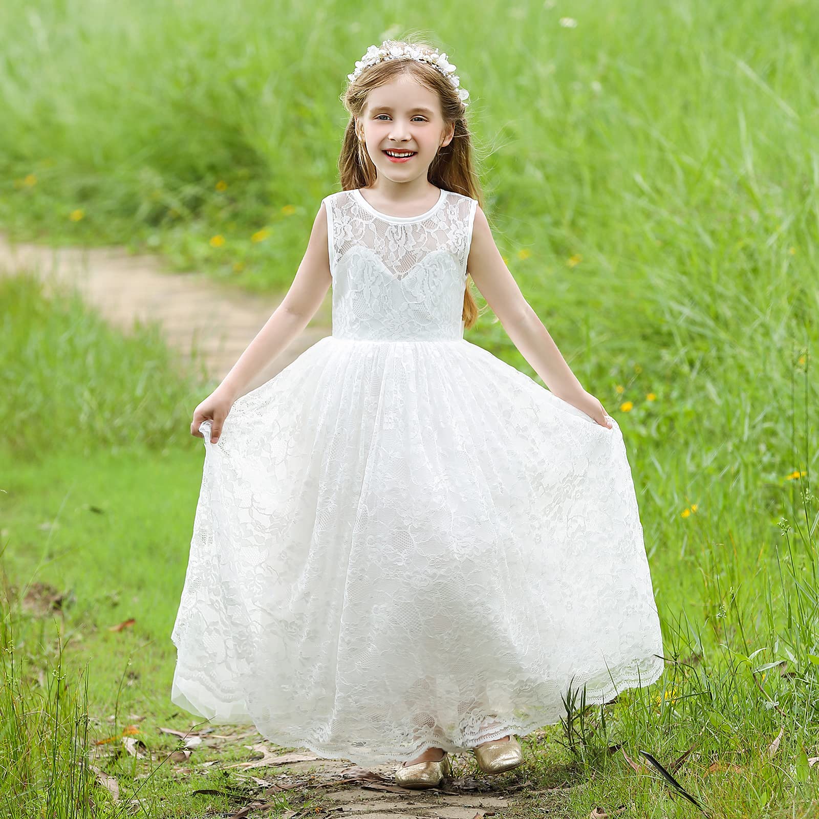 Doragirl Flower Girls Dress Princess with Lace Sleeves - Wedding Party Bridesmaid Dresses, Formal Pageant Gown for First Communion, Baptism, Tea Party & Special Occasions - Perfect for Birthday Celebrations, Photoshoots, and Holiday Events