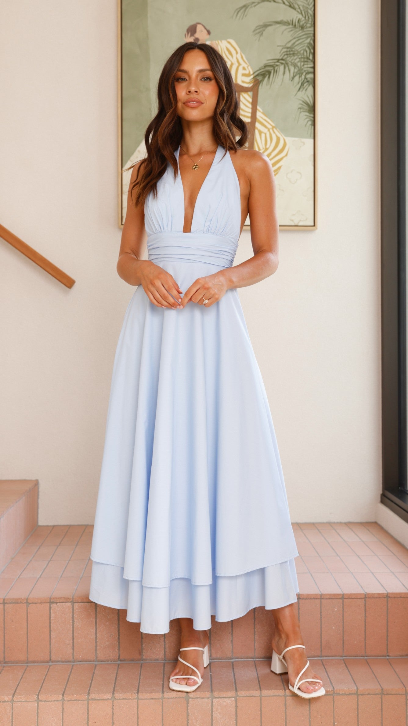 Elegant Kathy Halter Neck Maxi Dress - Light Blue Flowy Summer Dress for Beach, Wedding & Vacation | Women's Fashion