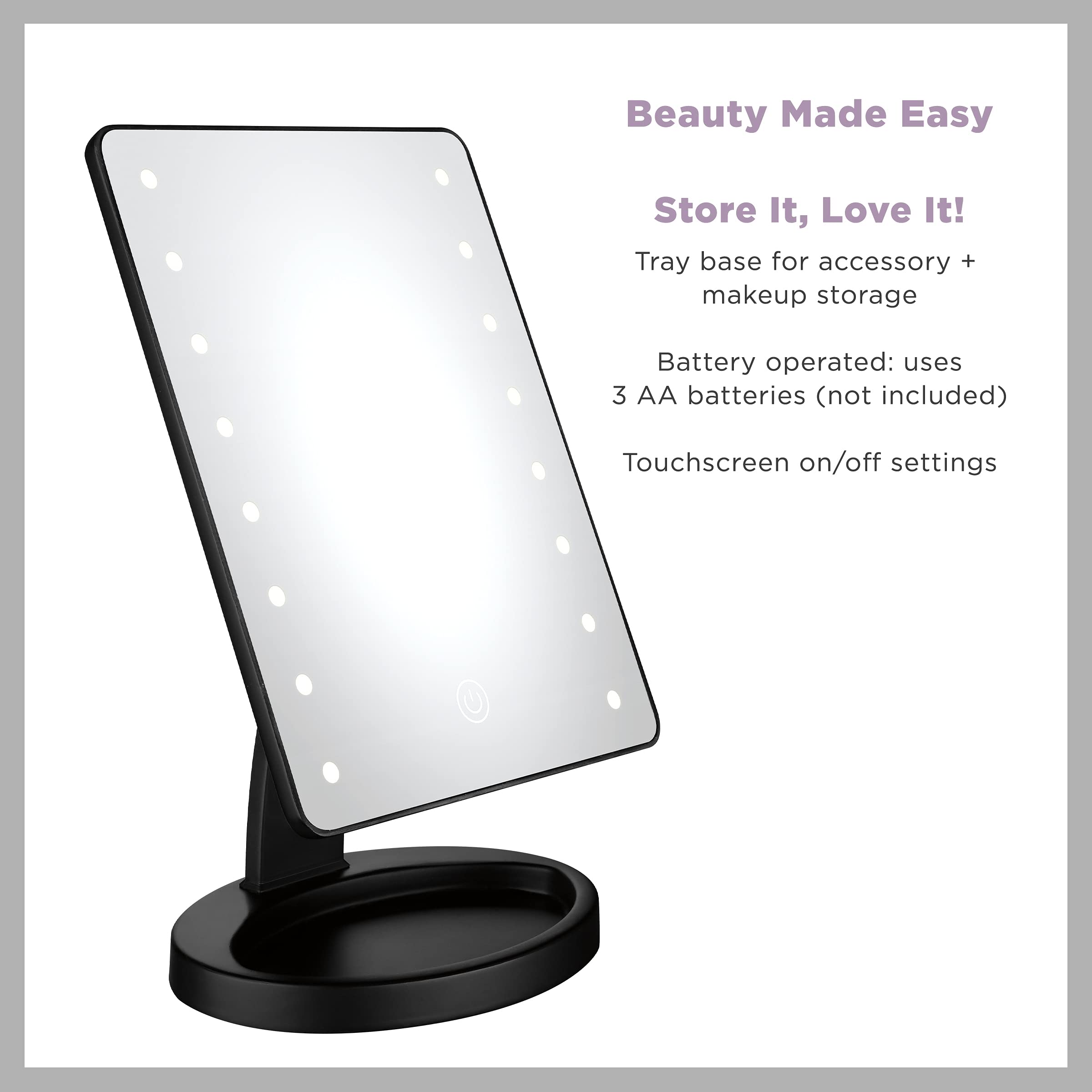 Conair Lighted Makeup Mirror with LED Lights & Storage Base - Battery Operated Black Vanity Mirror for Bedroom, Bathroom & Dressing Room
