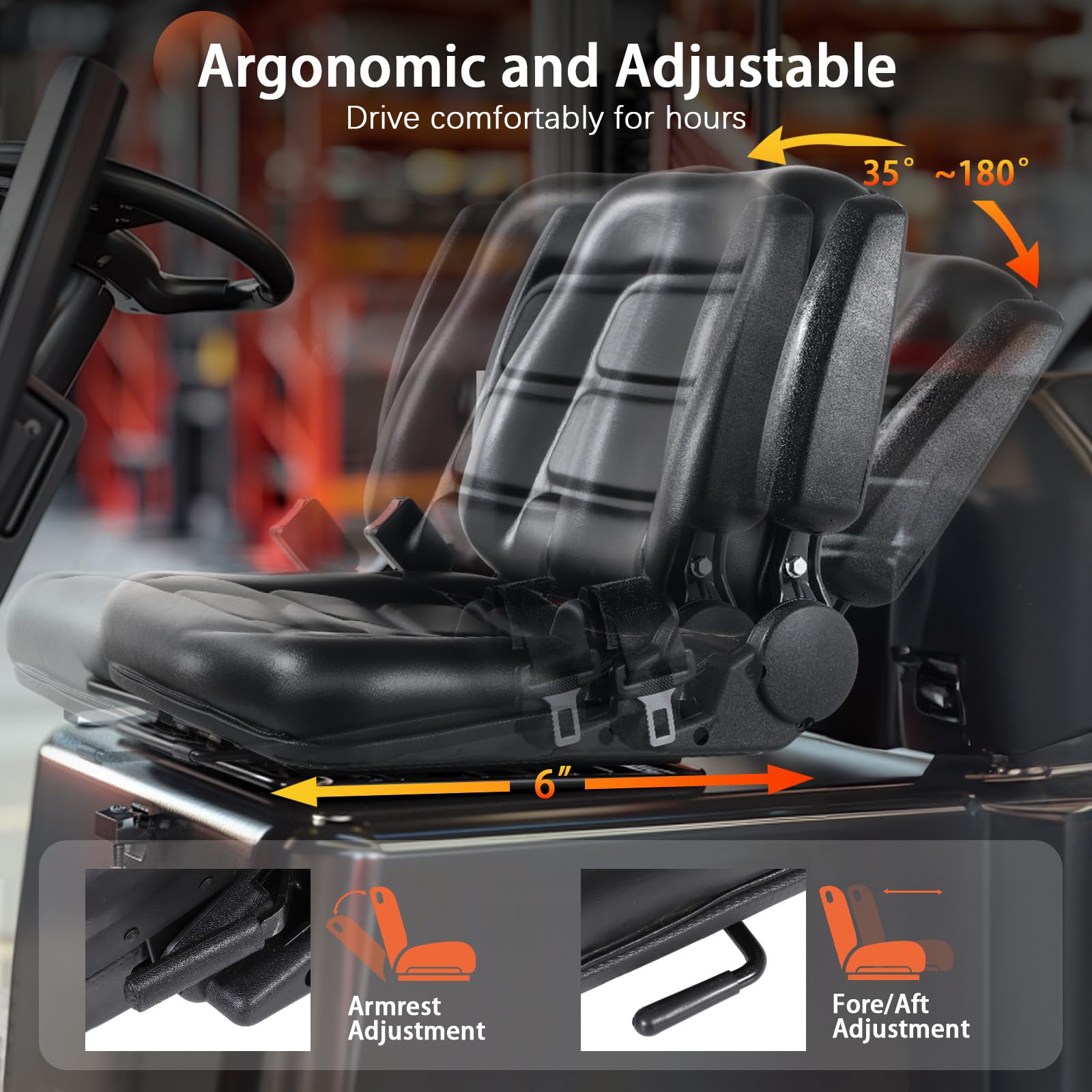 Universal Forklift Seat - Adjustable Folding Tractor Seat with Backrest & Armrest | Heavy-Duty Replacement Seat for Forklifts, Excavators, Skid Steers, Backhoes, Dozers & Telehandlers | Ideal for Construction, Agriculture & Industrial Equipment