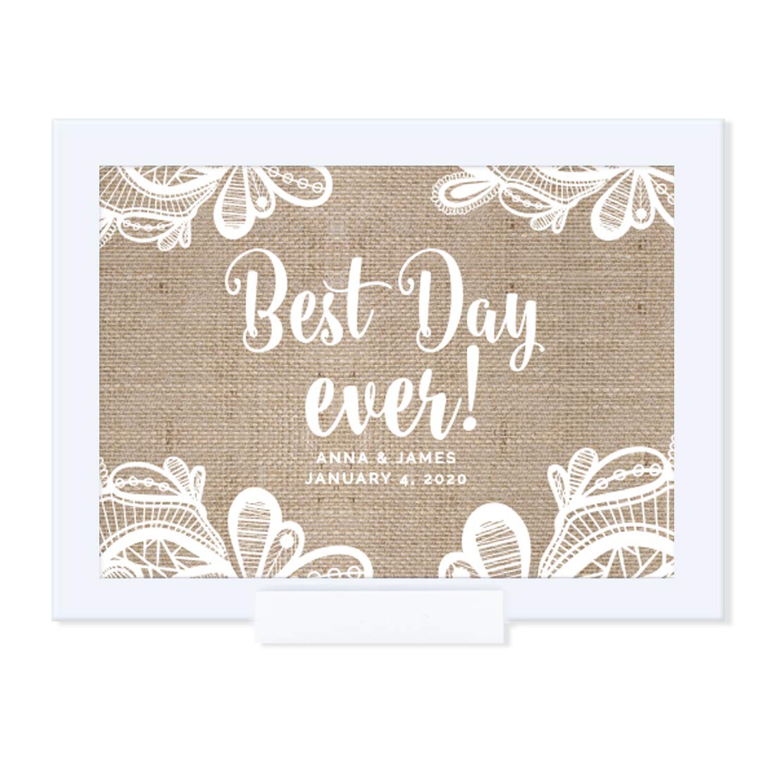 Personalized Wedding Framed Party Sign - 5x7 Inch Burlap Lace Printed Cardstock - Best Day Ever Custom Name Sign - Includes Frame - Perfect for Wedding Decor, Bridal Shower & Anniversary Gifts