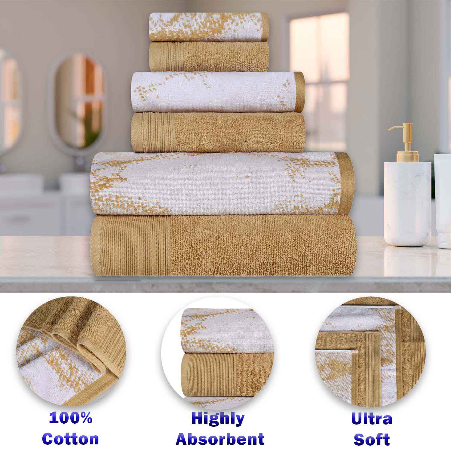 Premium 6-Piece Cotton Quick-Drying Towel Set - Solid & Marble Patterns for Bath, Gym, Beach, and Spa | Ultra Absorbent & Soft Bath Towels