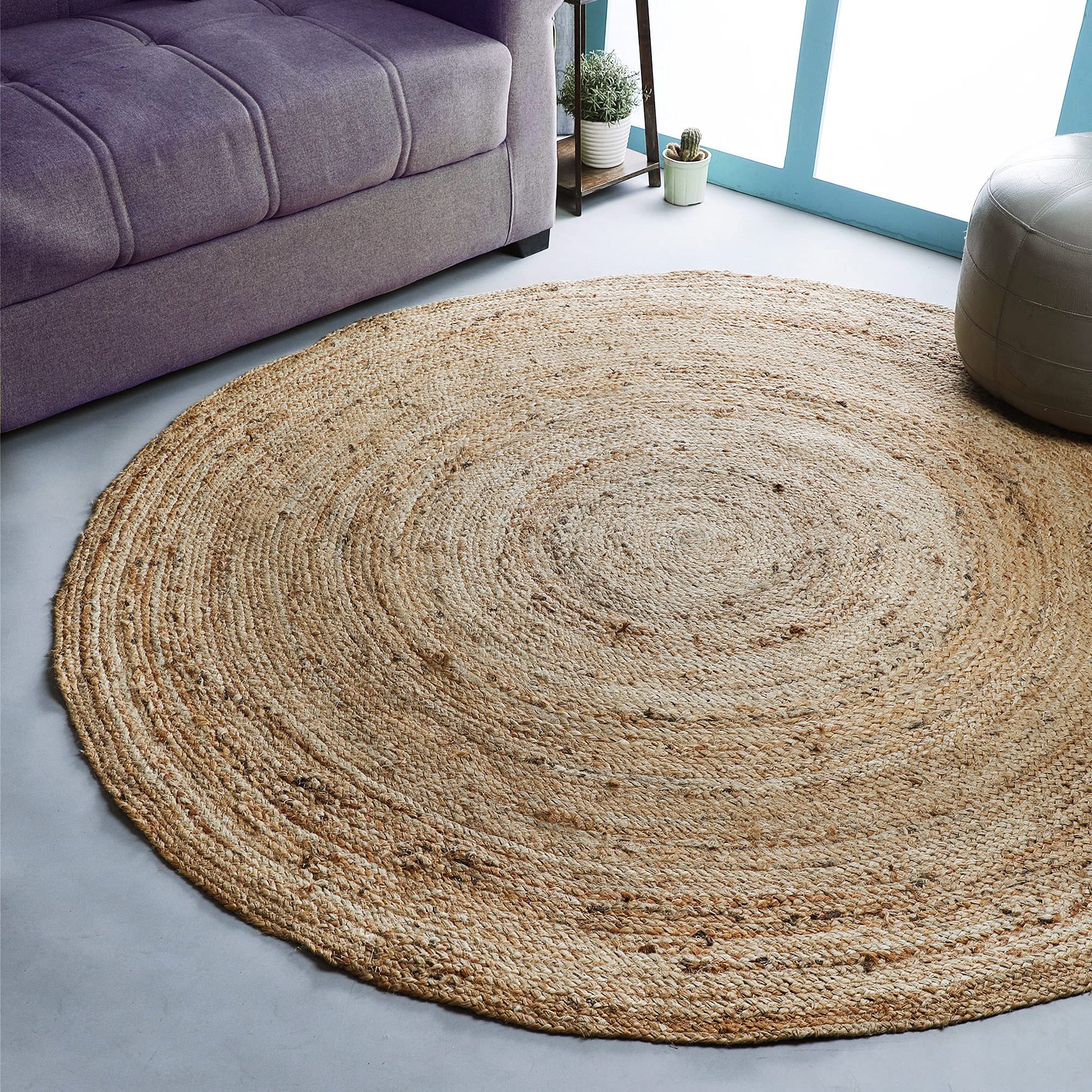 Hausattire 4' Round Hand Woven Jute Braided Rug - Natural Reversible Boho Farmhouse Floor Mat for Kitchen, Living Room, Entryway | Eco-Friendly Home Decor, Non-Slip Dining Area Rug, Perfect for Cozy Spaces & High Traffic Areas