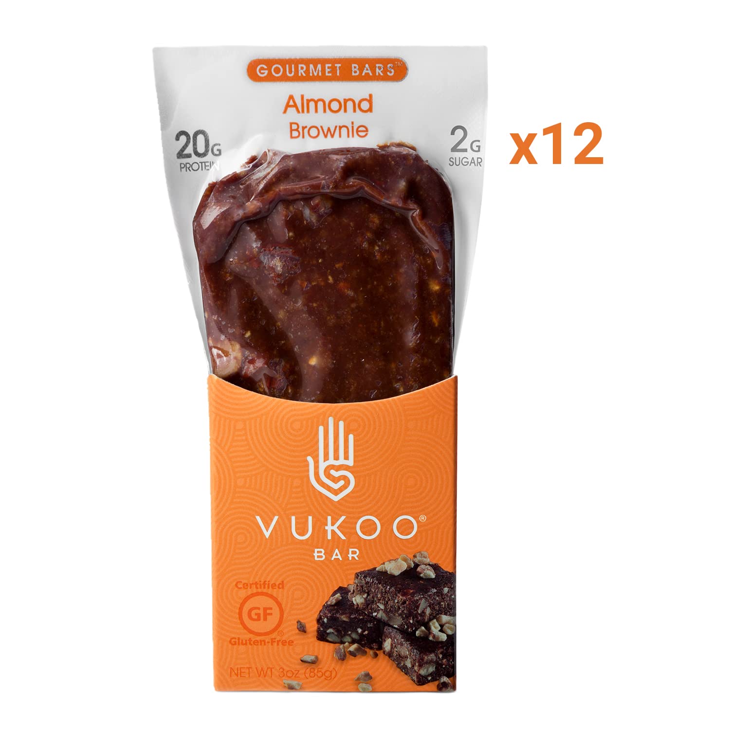 Vukoo Refrigerated Protein Bars - Almond Brownie Flavor (12 Pack) | 20g Protein, Organic Oats, Low Sugar, High Fiber, Gluten Free | Healthy Snack for Gym, Hiking & On-the-Go Nutrition