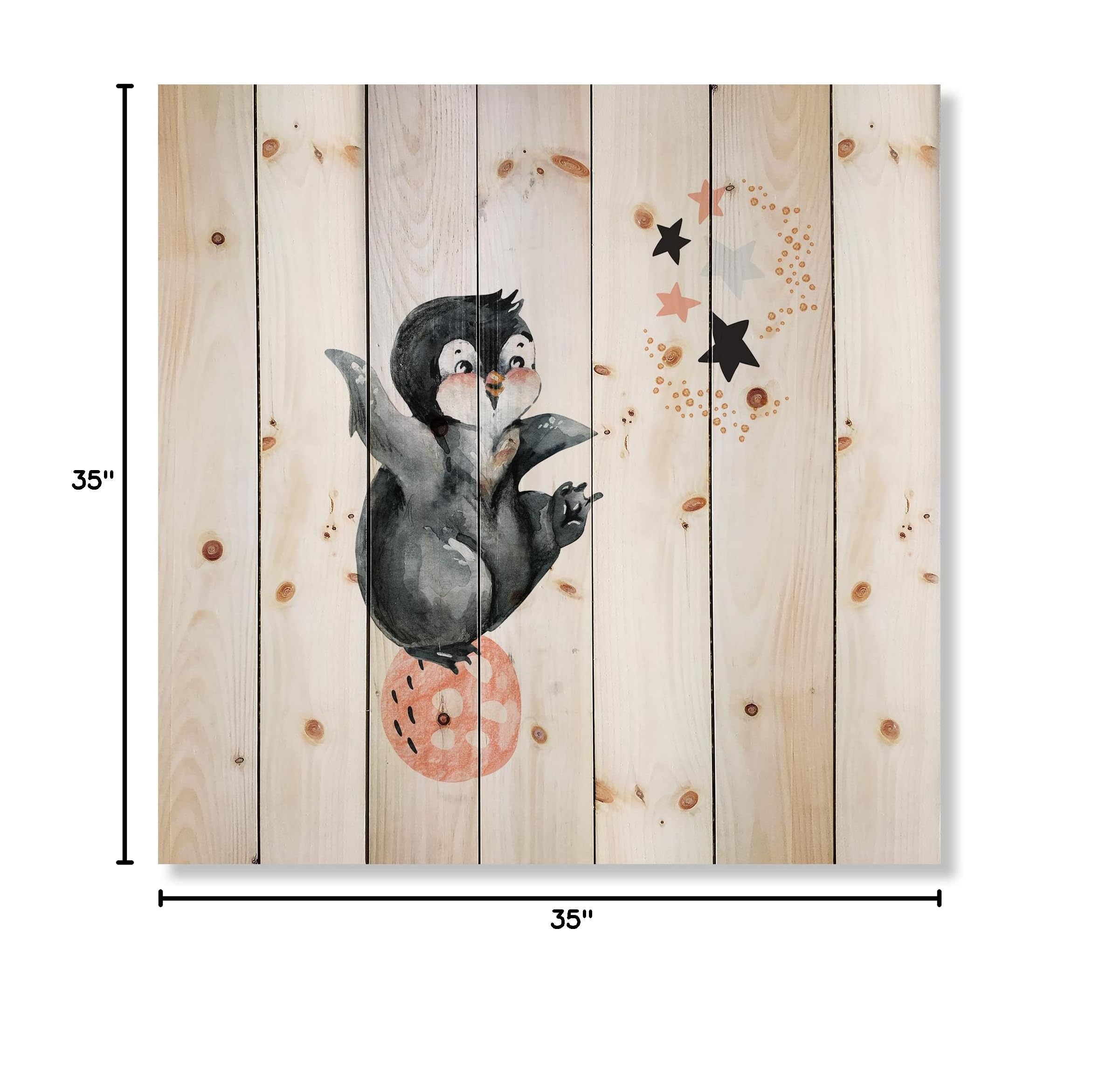DesignQ Little Penguin with Stars and Planets II - Farmhouse Wood Wall Decor, Grey Wood Wall Art, Large Animal Wood Panels Printed on Natural Pine - Perfect for Nursery, Kids' Room, or Coastal Home Decor