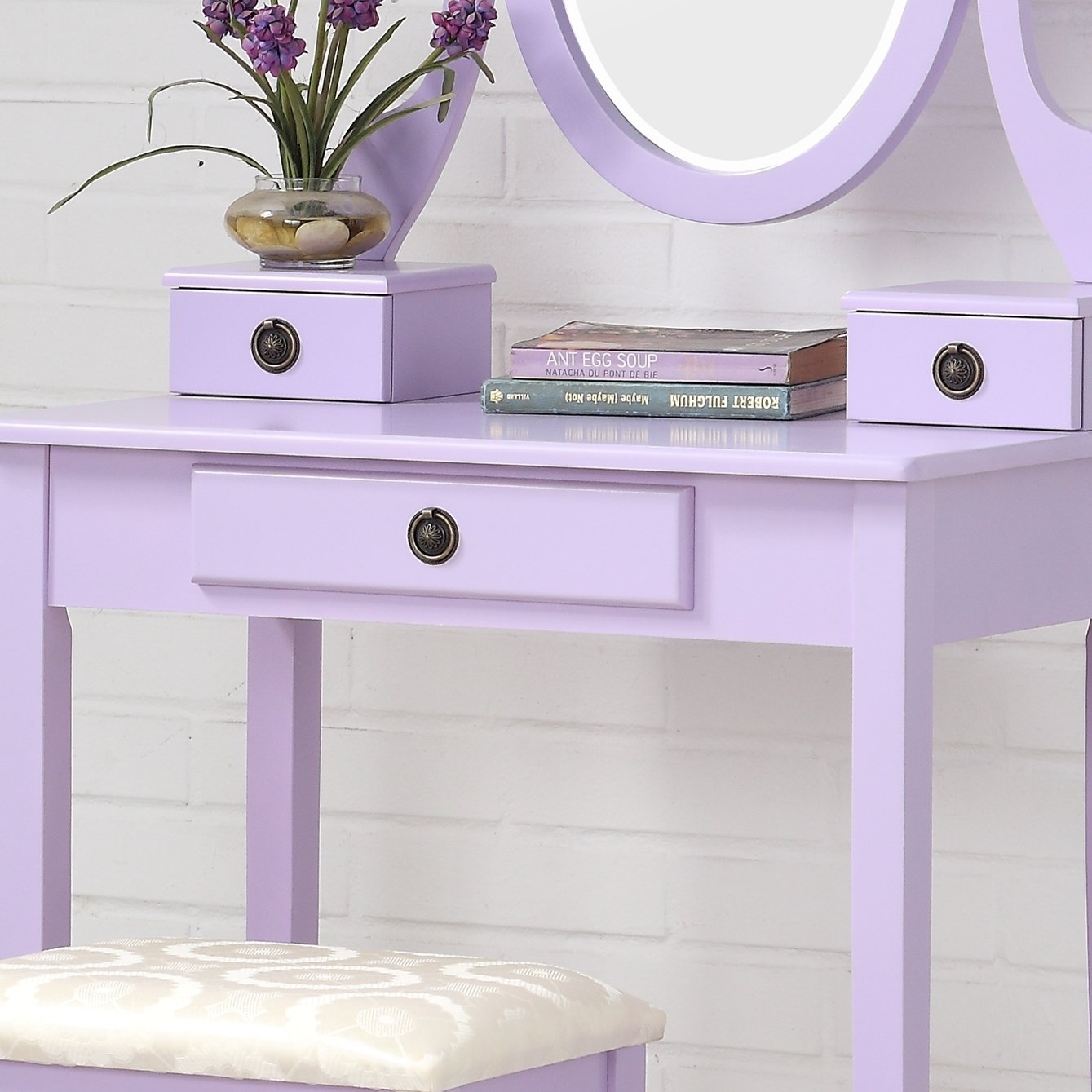 Roundhill Furniture Moniya Wood Makeup Vanity Table with Stool Set - Elegant Dressing Table for Bedroom, Bathroom & Salon Use