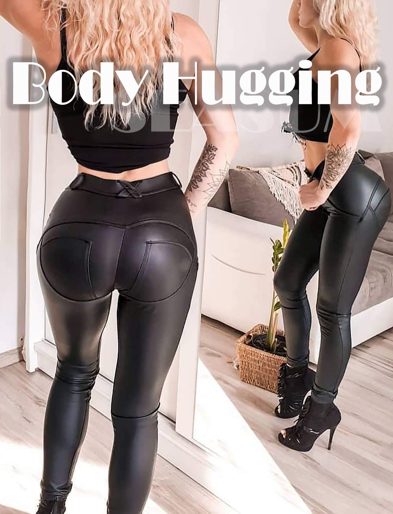 SEASUM Faux Leather Leggings - High Waisted Butt Lifting Pants for Women, Perfect for Night Out & Party