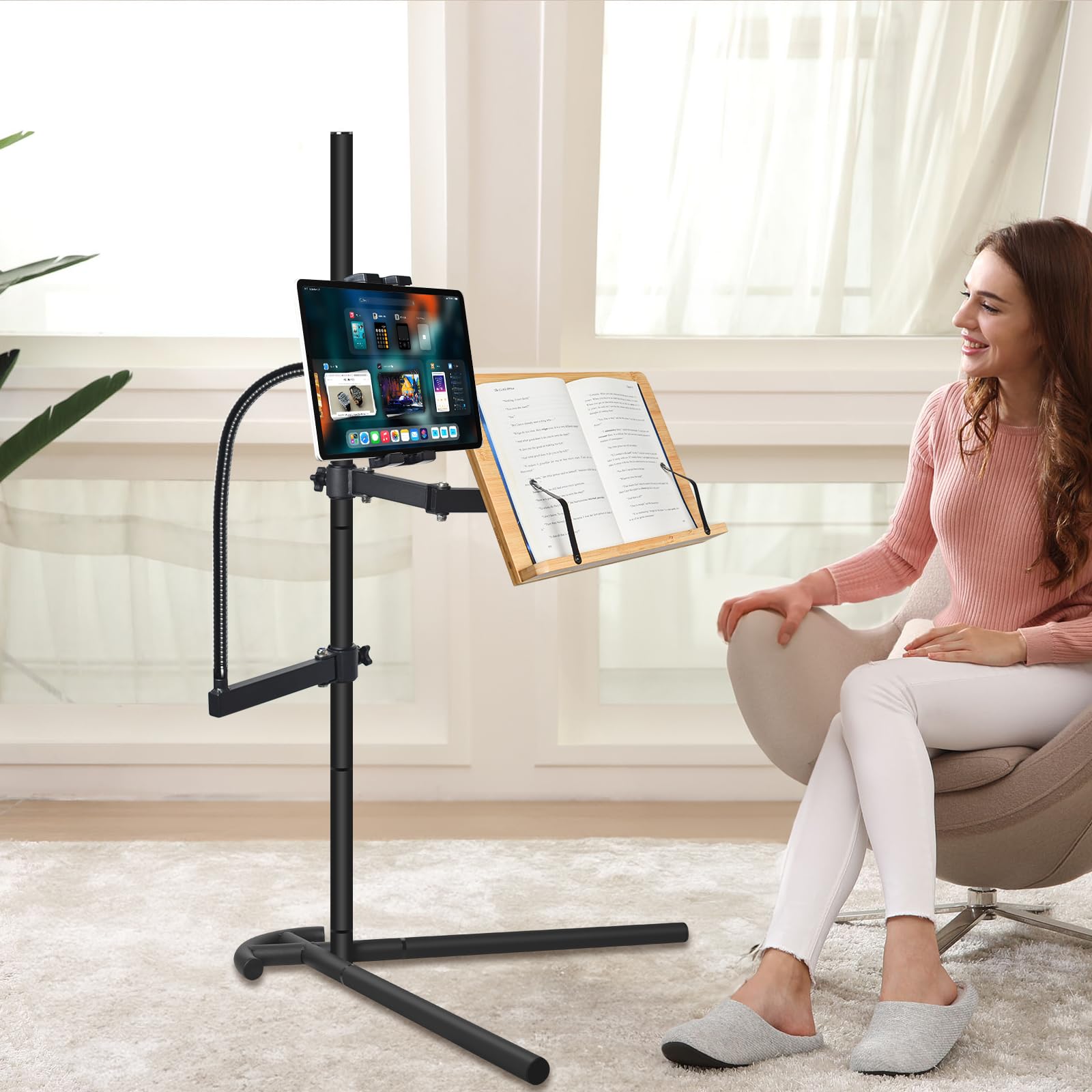 Adjustable Book Stand with Tablet Holder - Sturdy Metal Floor Stand for Reading in Bed - Perfect for Laptops, Tablets, Phones & Books - Ideal for Bedtime Reading, Studying & Hands-Free Viewing