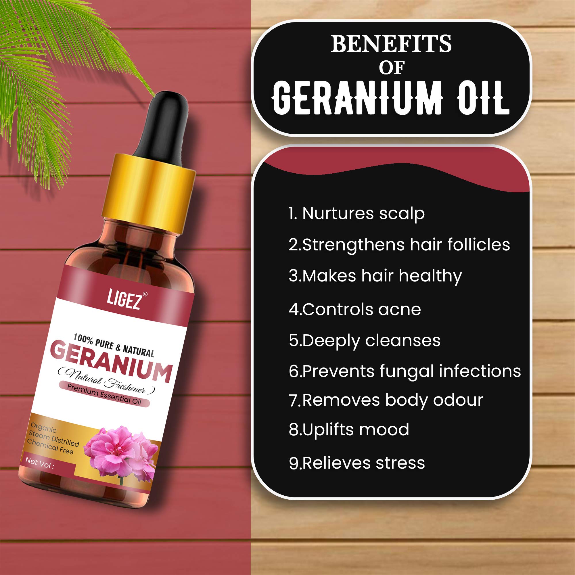 Ligez 100% Pure Geranium Essential Oil - 10ml Bottle for Aromatherapy, Skincare & Relaxation | Natural Stress Relief & Mood Enhancer