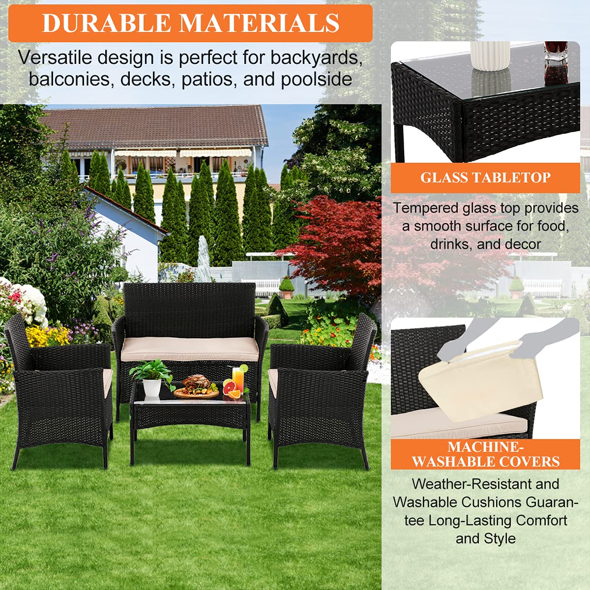 4-Piece Outdoor Patio Furniture Set - Black Wicker Bistro Chairs with Thickened Cushions & Glass Table - Modern Rattan Conversation Set for Backyard, Porch, Poolside, Lawn or Garden - Perfect for Relaxing, Dining & Entertaining Outdoors