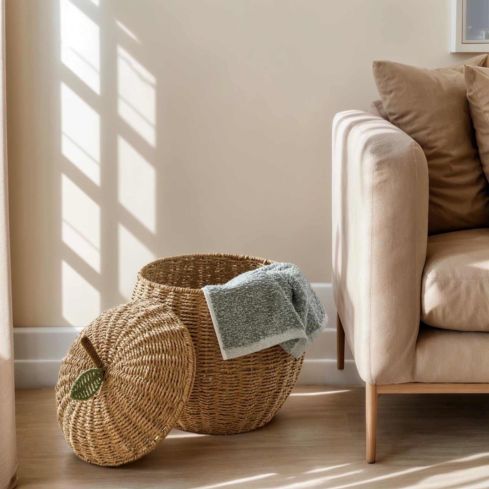 Pear-Shaped Woven Rattan Storage Basket with Lid - 21x41.5cm Cute Fruit Home Decor Organizer for Bedroom, Office & Bathroom | Eco-Friendly Storage Bin for Toys, Blankets & Laundry