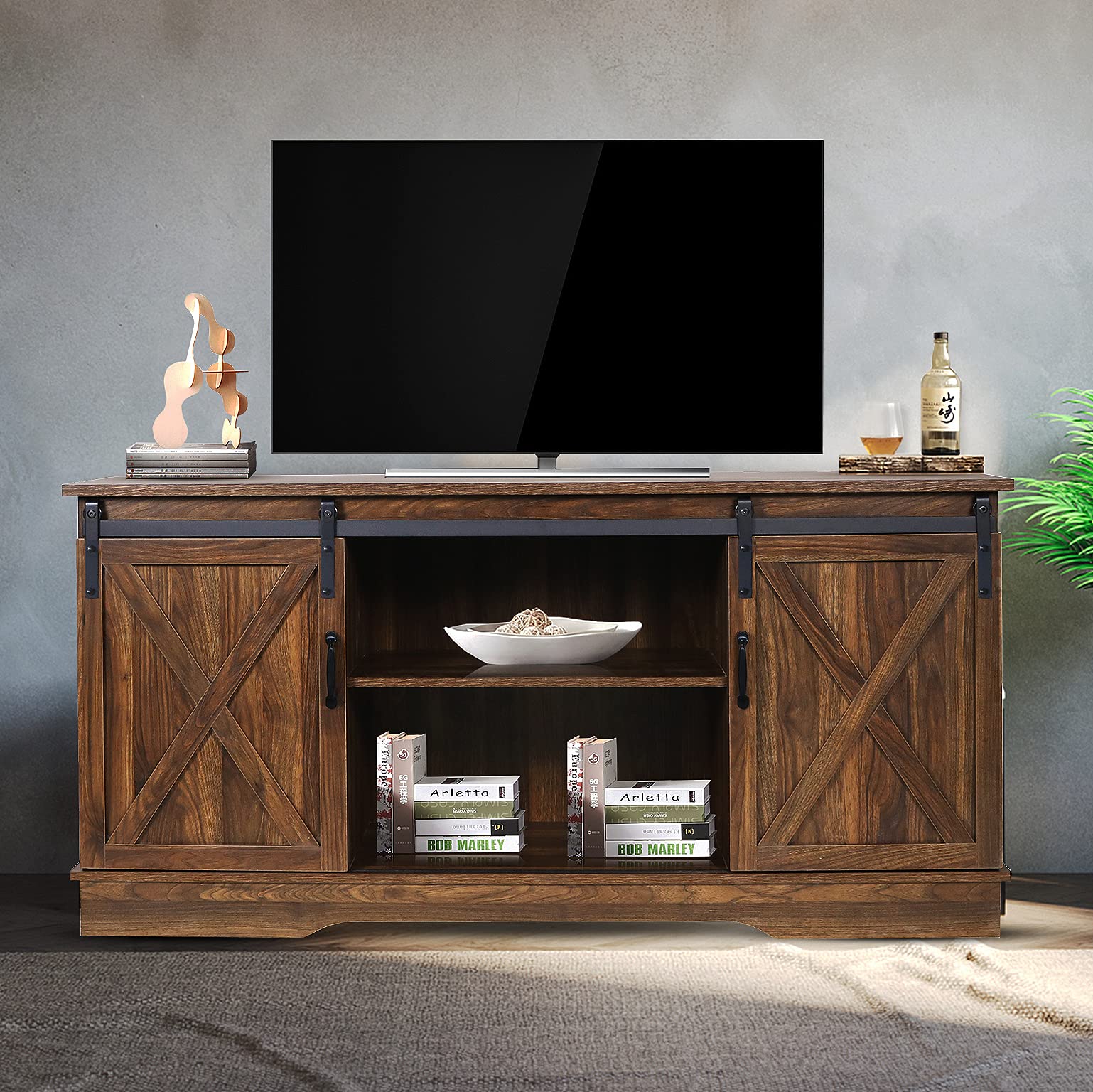 65 Inch Dark Walnut Farmhouse TV Stand with Sliding Barn Doors - Rustic Entertainment Center for Living Room, Bedroom & Home Theater