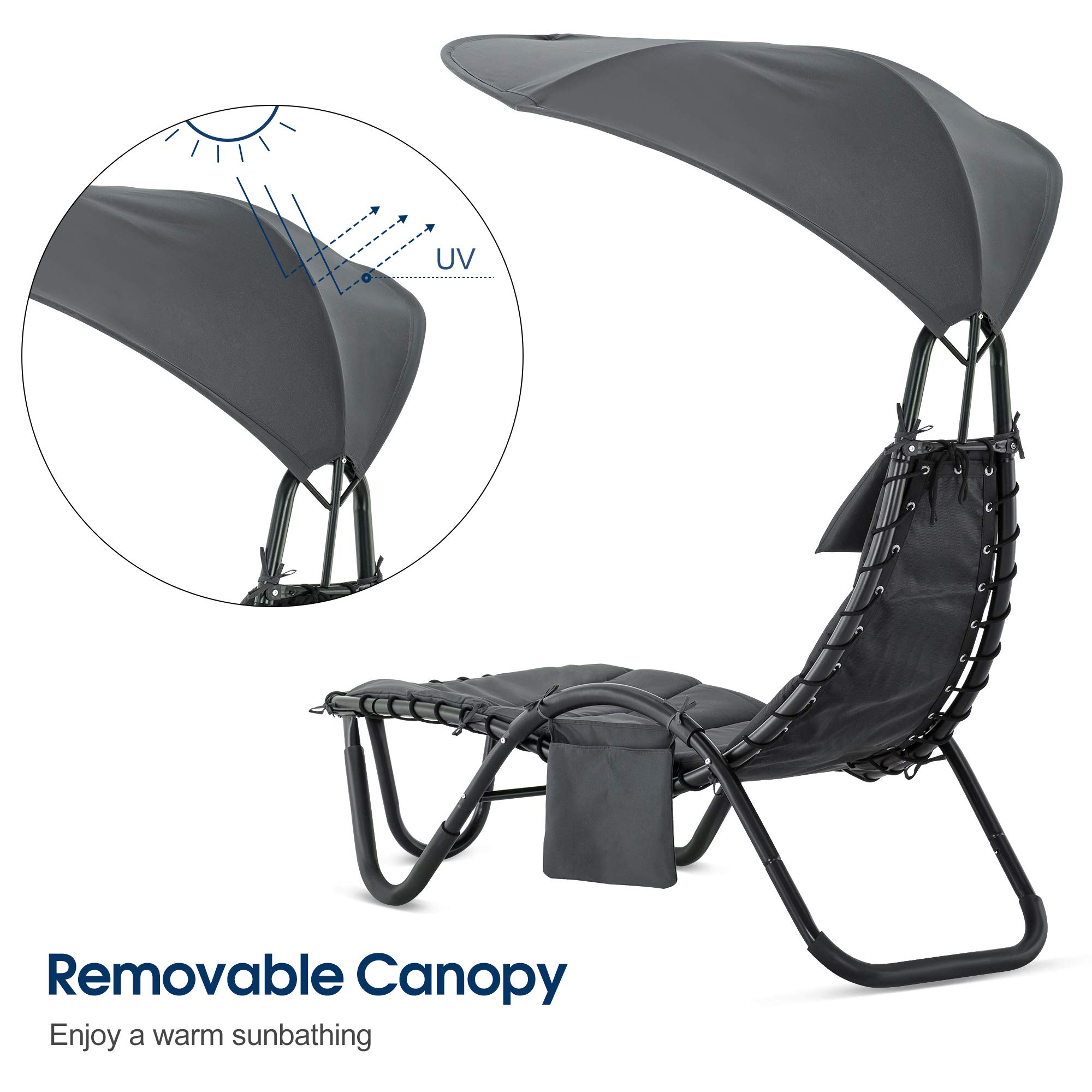 MCombo Outdoor Steel Chaise Lounge Chair with Removable Canopy & Cushions - Adjustable Reclining Patio Chair with Side Pocket & Arc Stand - Perfect for Beach, Poolside, Backyard, Balcony, Porch - Heavy Duty Grey Lounge Chair (Model 4097) for Ultimate Relaxation & Sunbathing