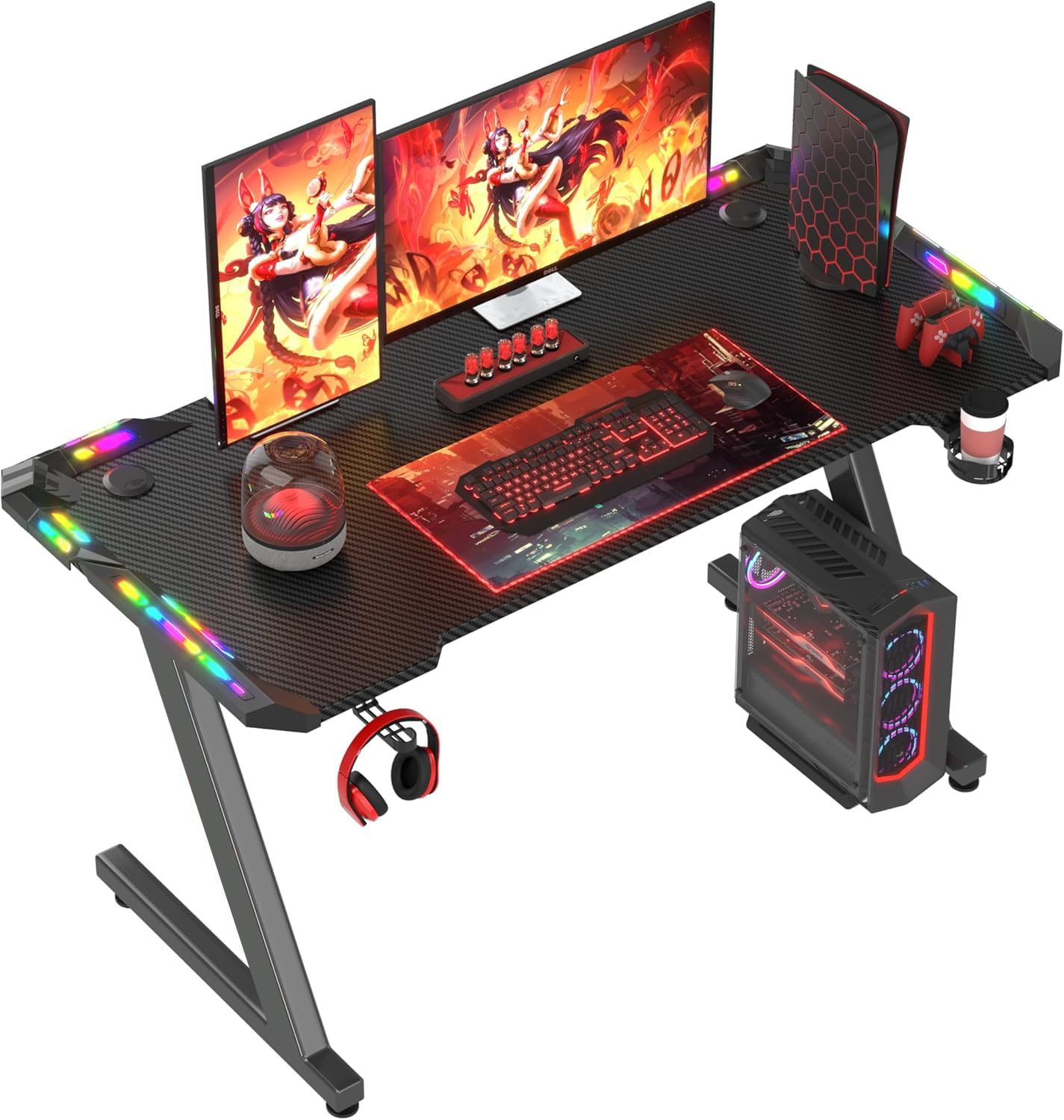 Homall 120 x 60cm RGB LED Gaming Desk - Z-Shaped Computer Desk with Headphone Hook & Cup Holder, Ergonomic Gaming Table for PC, PS5, Xbox | Perfect for Home Office, Streaming & Esports Tournaments