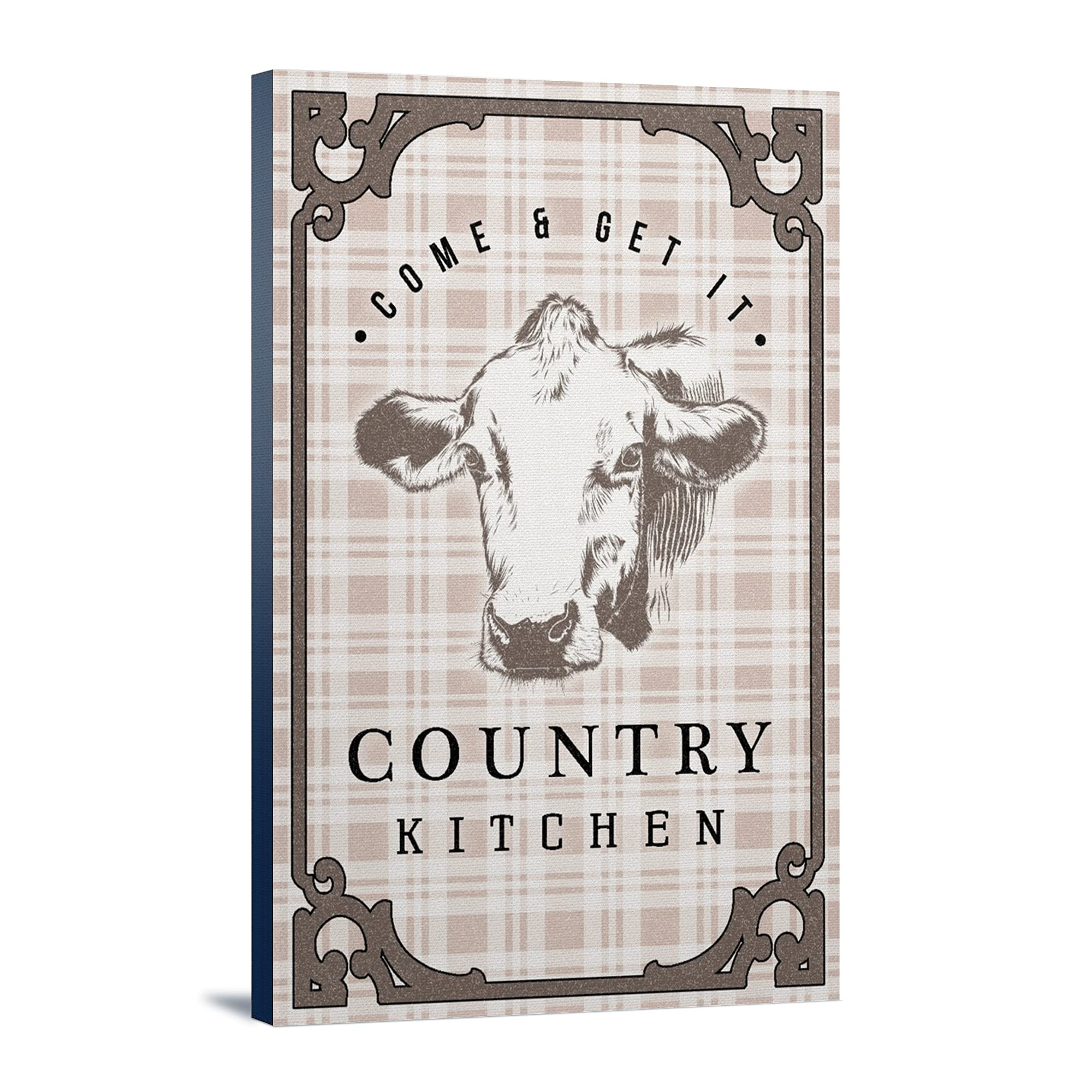 Lantern Press Country Kitchen Cow on Plaid 16x24 Wrapped Canvas Wall Art - Rustic Farmhouse Decor for Living Room, Kitchen & Bedroom