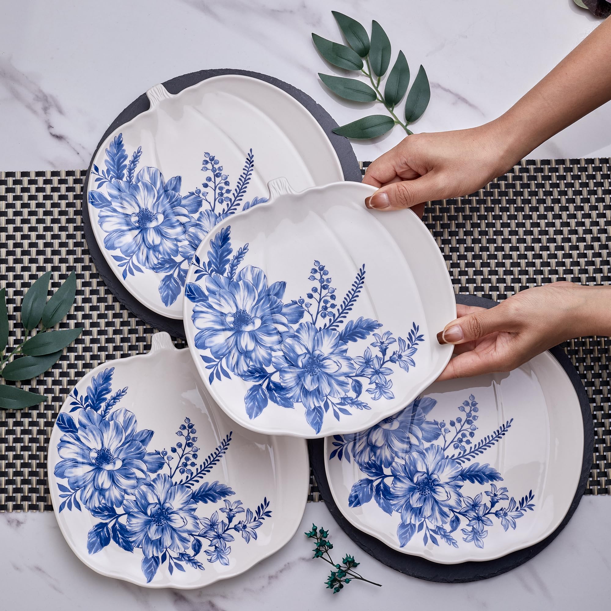 Bico Blue Floral Salad Plates Set of 4 - 8.6 Inch Decorative Dinner Plates for Salad, Appetizers, Desserts - Microwave & Dishwasher Safe - Perfect for Parties, Picnics & Everyday Dining