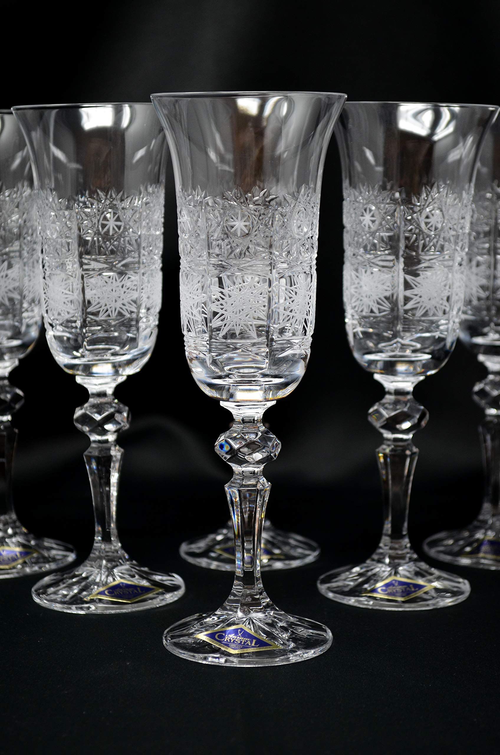 Premium 6-Piece Czech Champagne Flutes Set - 5oz Hand-Cut Bohemian Crystal Glassware for Weddings, Anniversaries & Special Occasions - Elegant Wine & Water Goblets - Luxury Wedding Decor & Gift Idea
