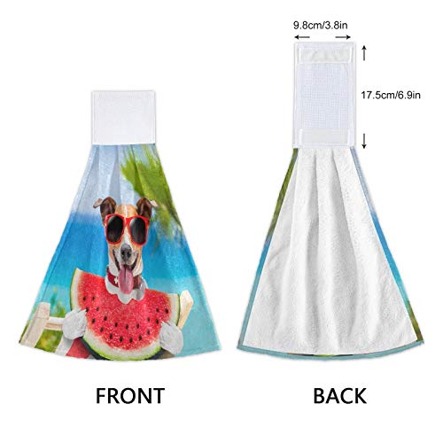 2 Pack Summer Dog Puppy Hand Towels - Soft Absorbent Microfiber Kitchen & Bath Towels with Hanging Loop, Watermelon Beach Design for Bathroom, Laundry, Farmhouse - Perfect for Pets, Beach Trips & Home Decor