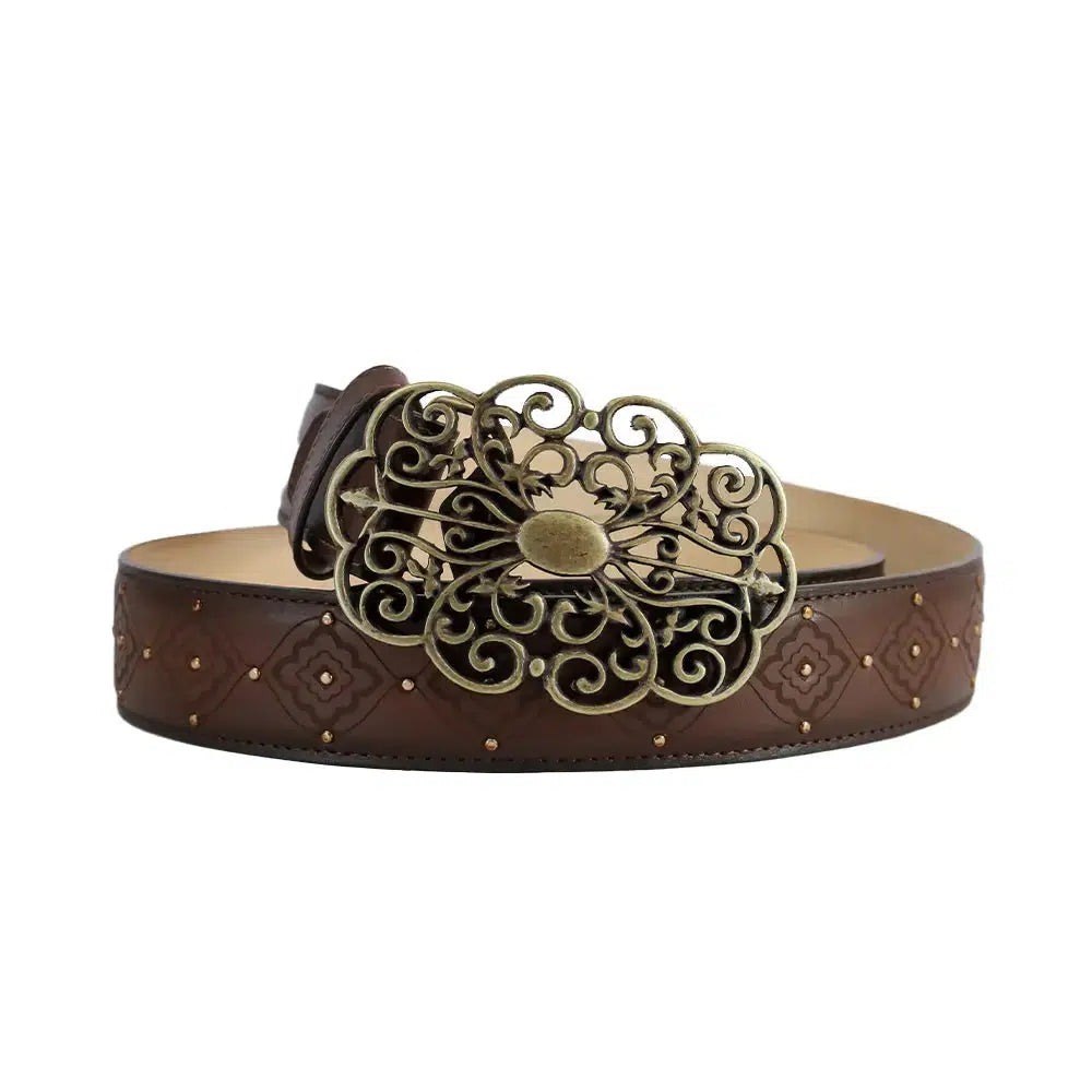 Cuadra Honey Western Cowgirl Leather Belt for Women - Genuine Leather Fashion Belt with Buckle - Perfect for Country Style, Rodeo, and Western Outfits